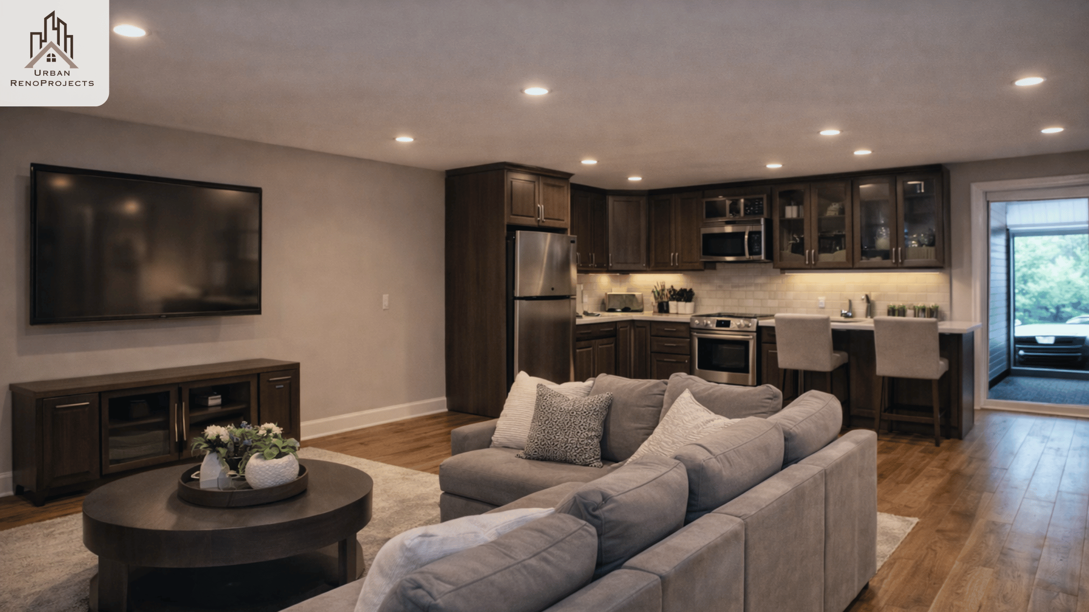 Finished legal basement apartment kitchen and living area — Durham Region secondary suite