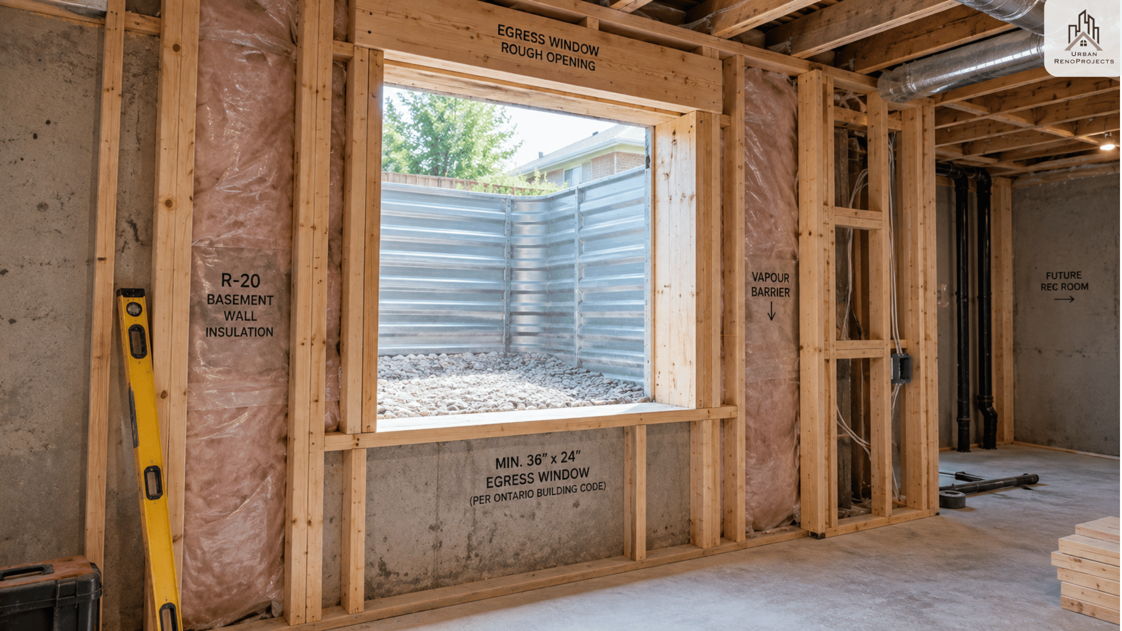 Egress window rough opening in basement during permitted renovation in Durham Region Ontario | Urban Renoprojects