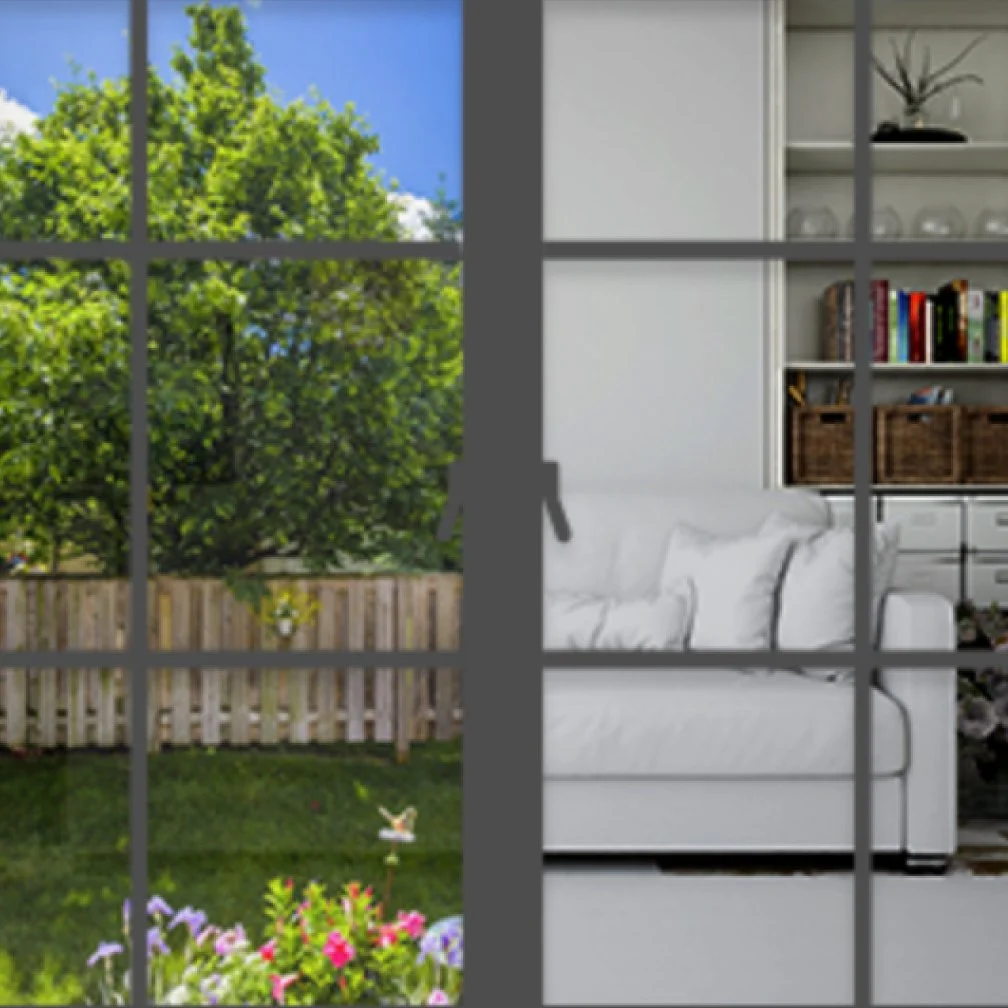 image of of a window tinted with a tinting film with UV protection and th image shows a window half tinted and half not tinted.
