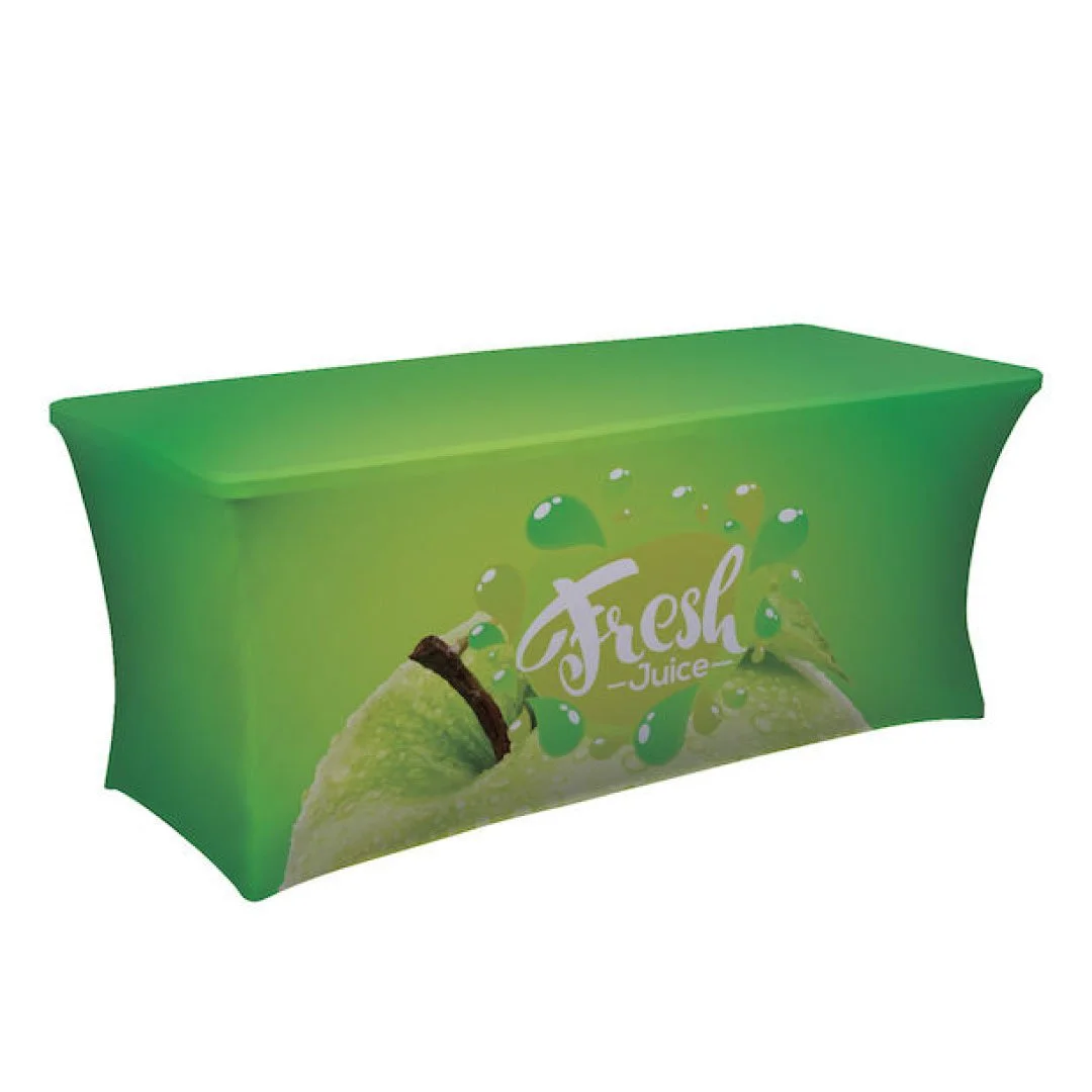 image of stretch fitted printed table cover on a rectangle table