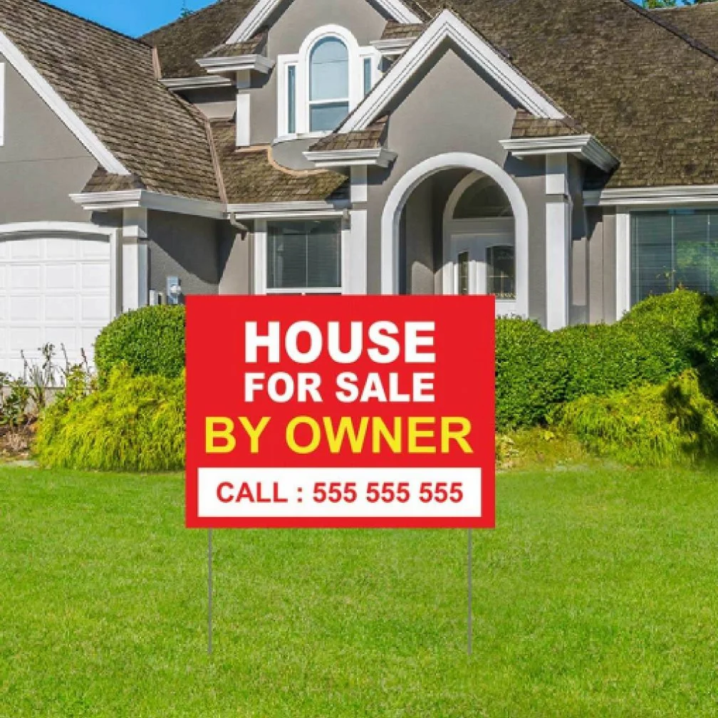 Image of a lawn sign made of corrugated plastic and installed using economy metal H stake.