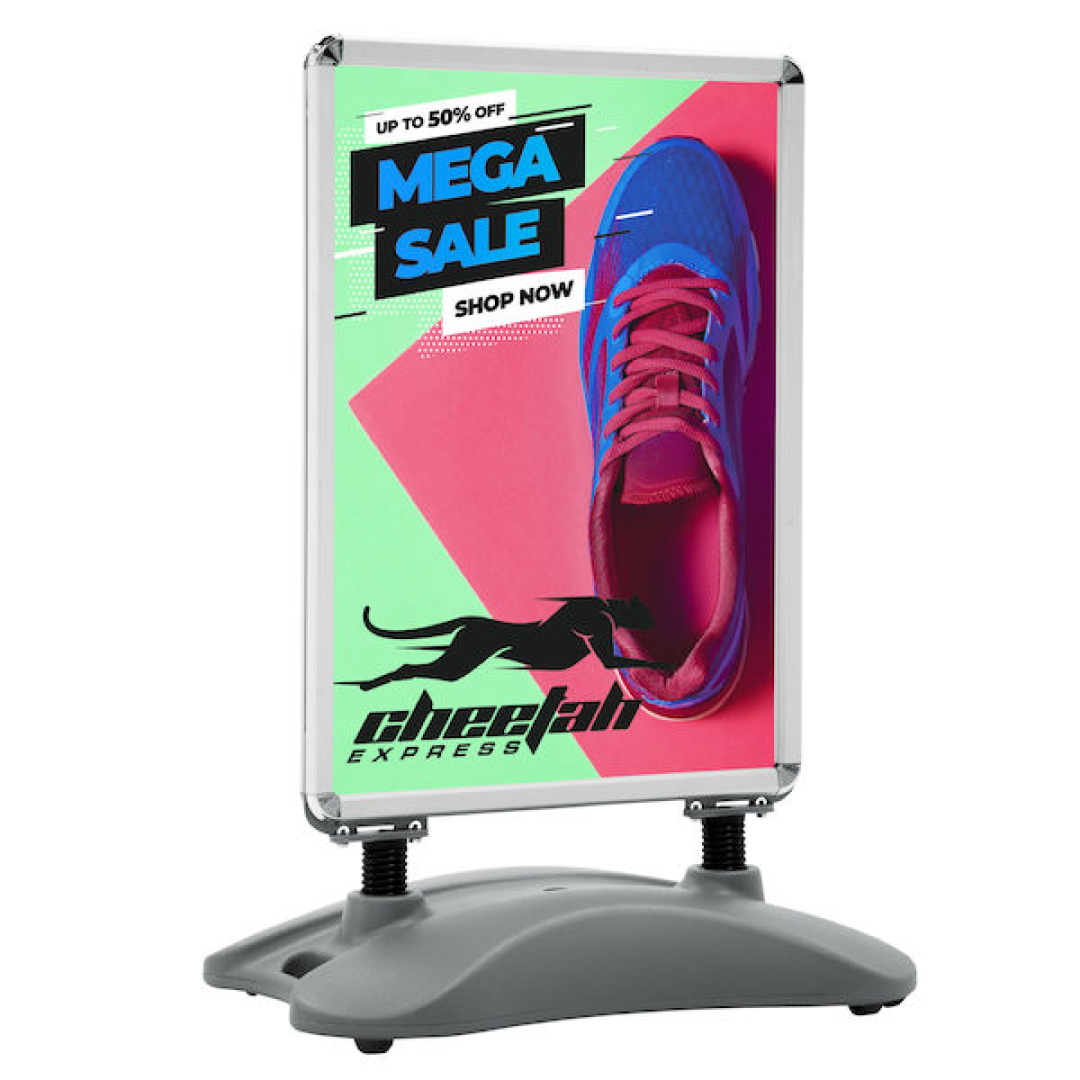 Image of a snapping double sided flex sign that is a standalone and double sided printing.