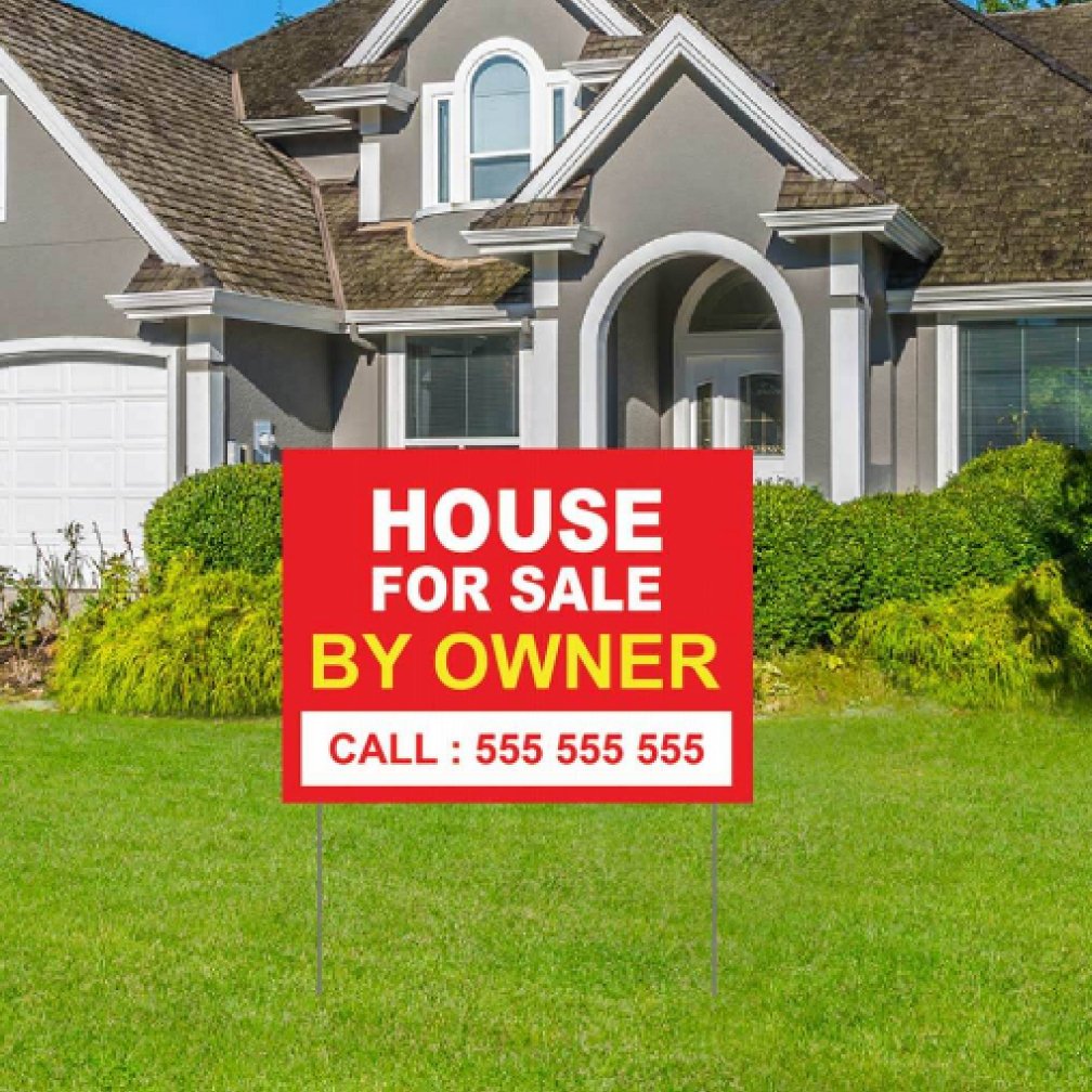 image of lawn sign outdoor of a house near driveway