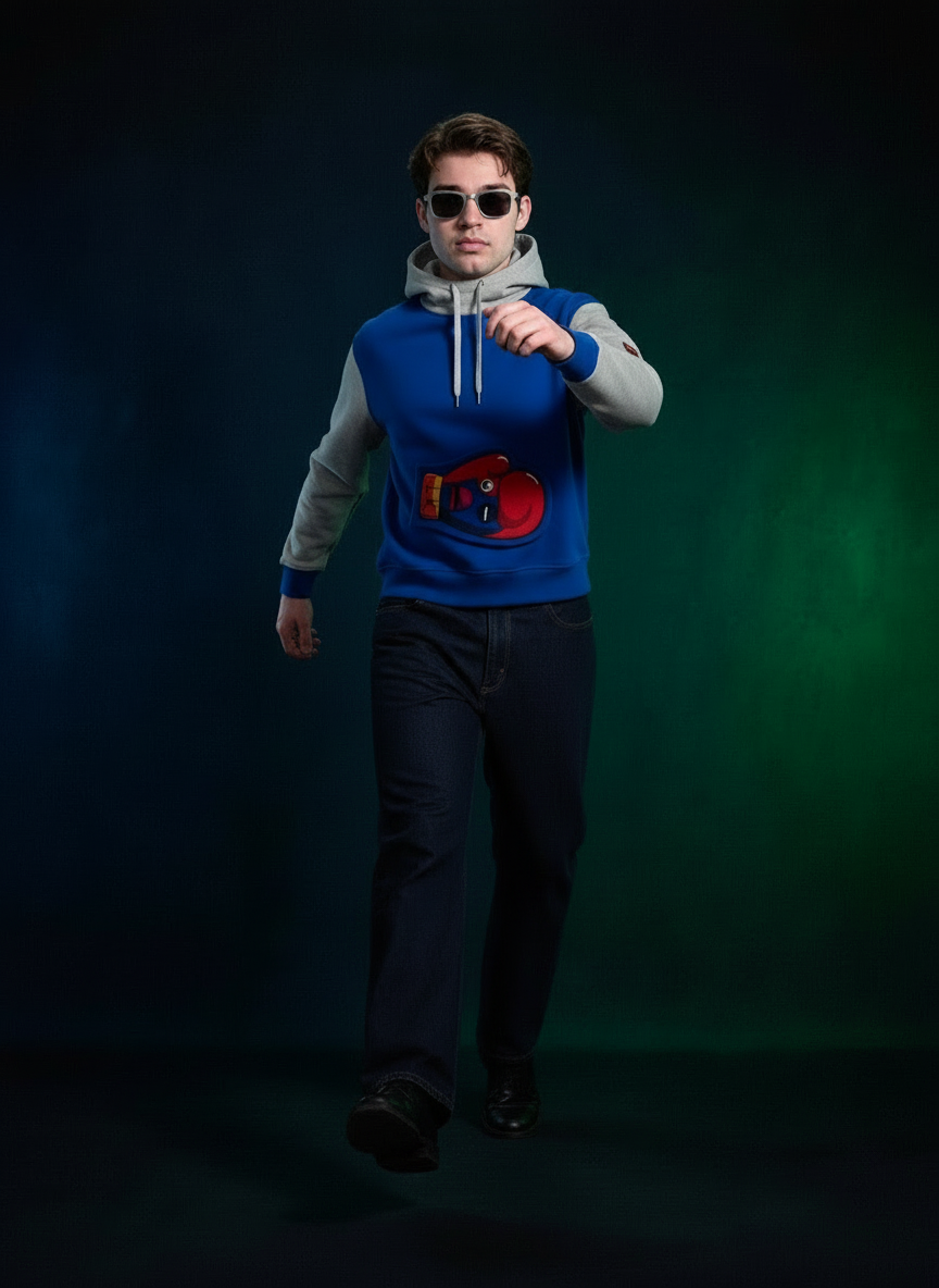 BLUE AND GREY LK GLOVE POCKET HOODIE