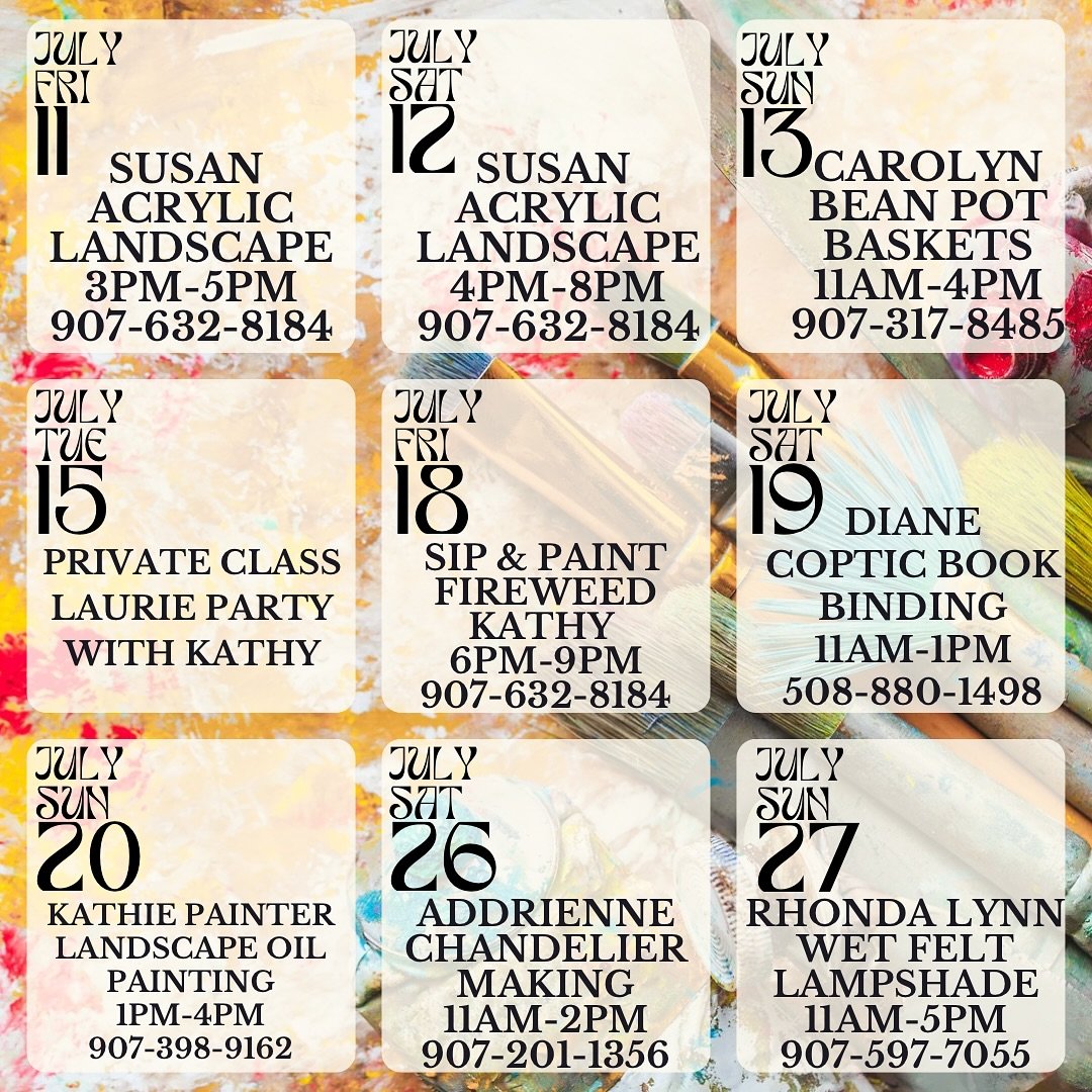 🎨ARTZY JUNKIN CLASS SCHEDULE:
July 2025 

Click this link 🔗 below ⬇️: 
https://www.facebook.com/share/1Bwkow9g14/?mibextid=wwXIfr

1) Click on the events tab to see more details on each class 

2) All classes are prepay only to secure your spot! 

