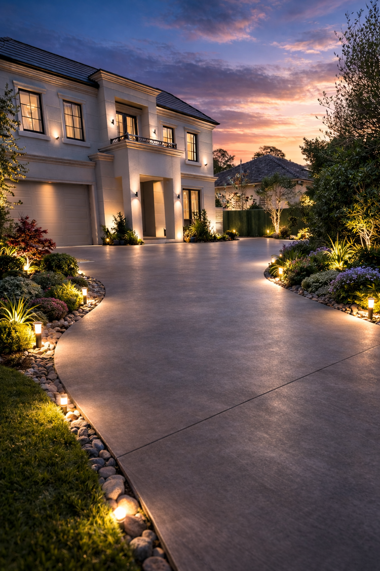 Central City Concrete - luxury concrete driveway at sunset