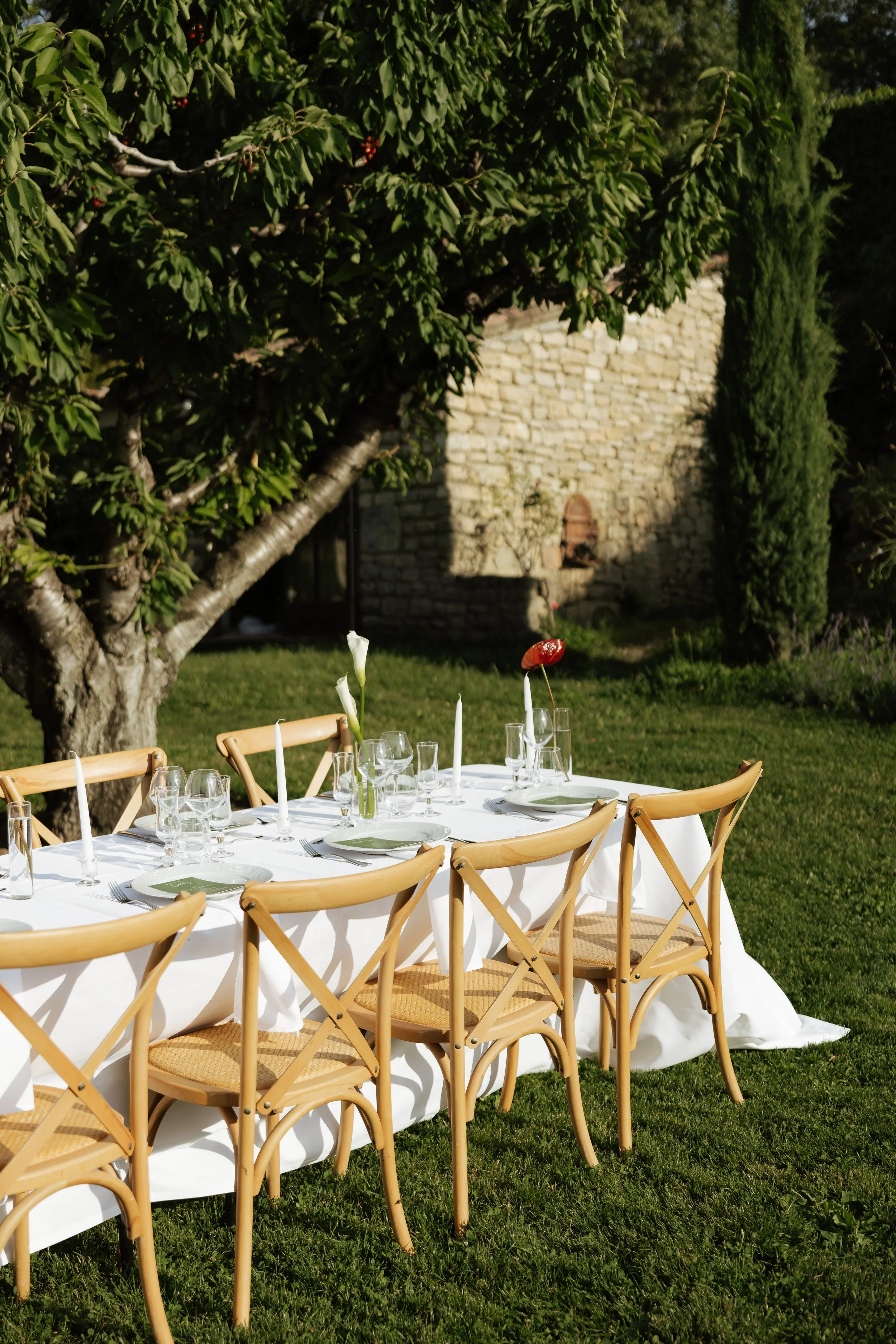 Beautiful table set-up at an event photographed in the South of France for a wedding.