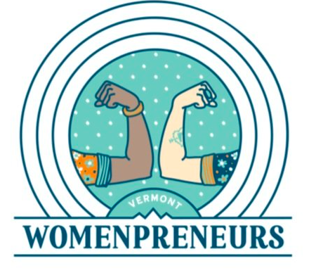 Logo with two arms crossed at the wrists, one with lighter skin and the other with darker skin, surrounded by concentric circles. The arms are wearing orange and blue sleeves with stars, and the background is teal with white dots. The text reads 'Vermont Womenpreneurs'.