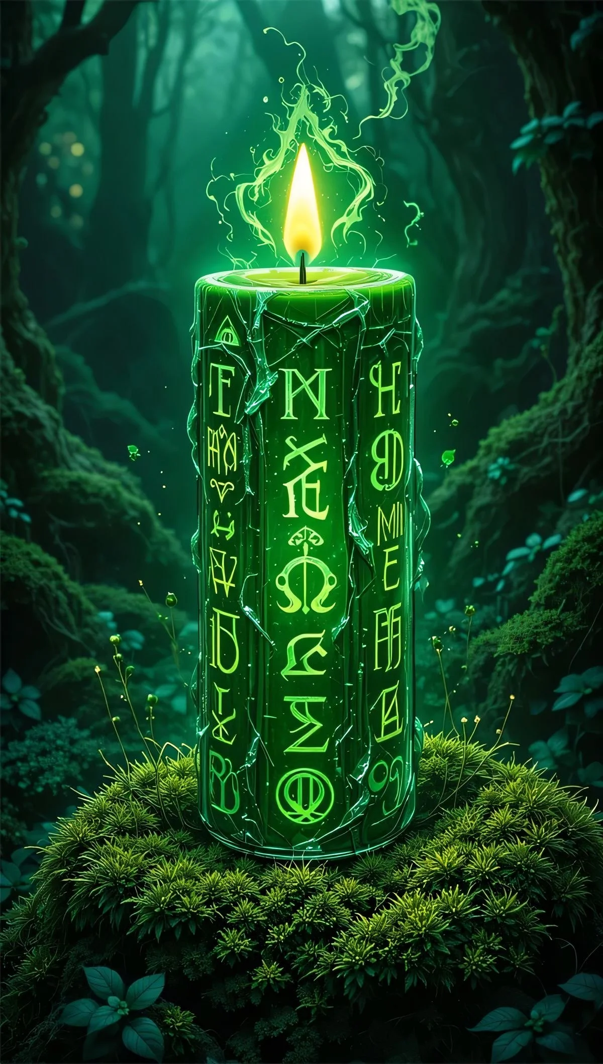 A glowing green candle with runes inscribed on it, surrounded by lush greenery in a dark forest setting, with a flame at the top.