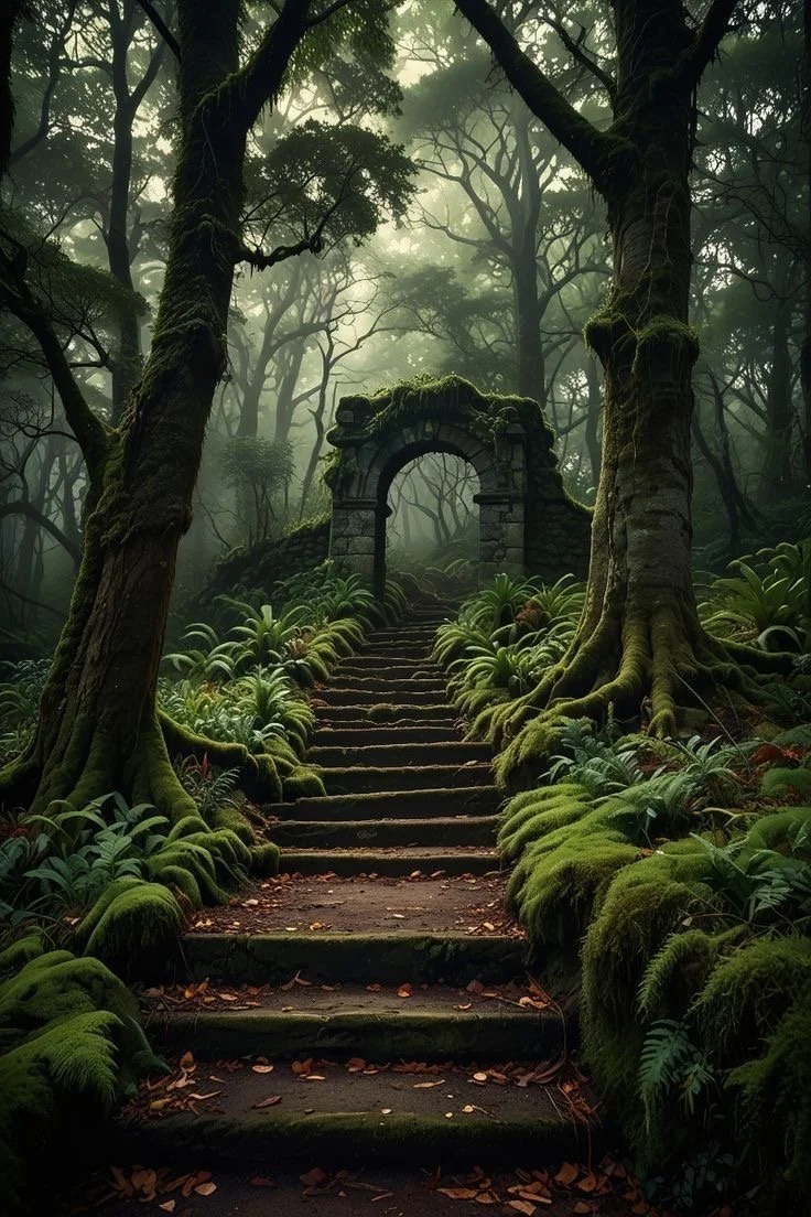 A moss-covered stone staircase leads through a dense, foggy forest with tall trees and lush green plants lining the steps, ending at an ancient stone archway.