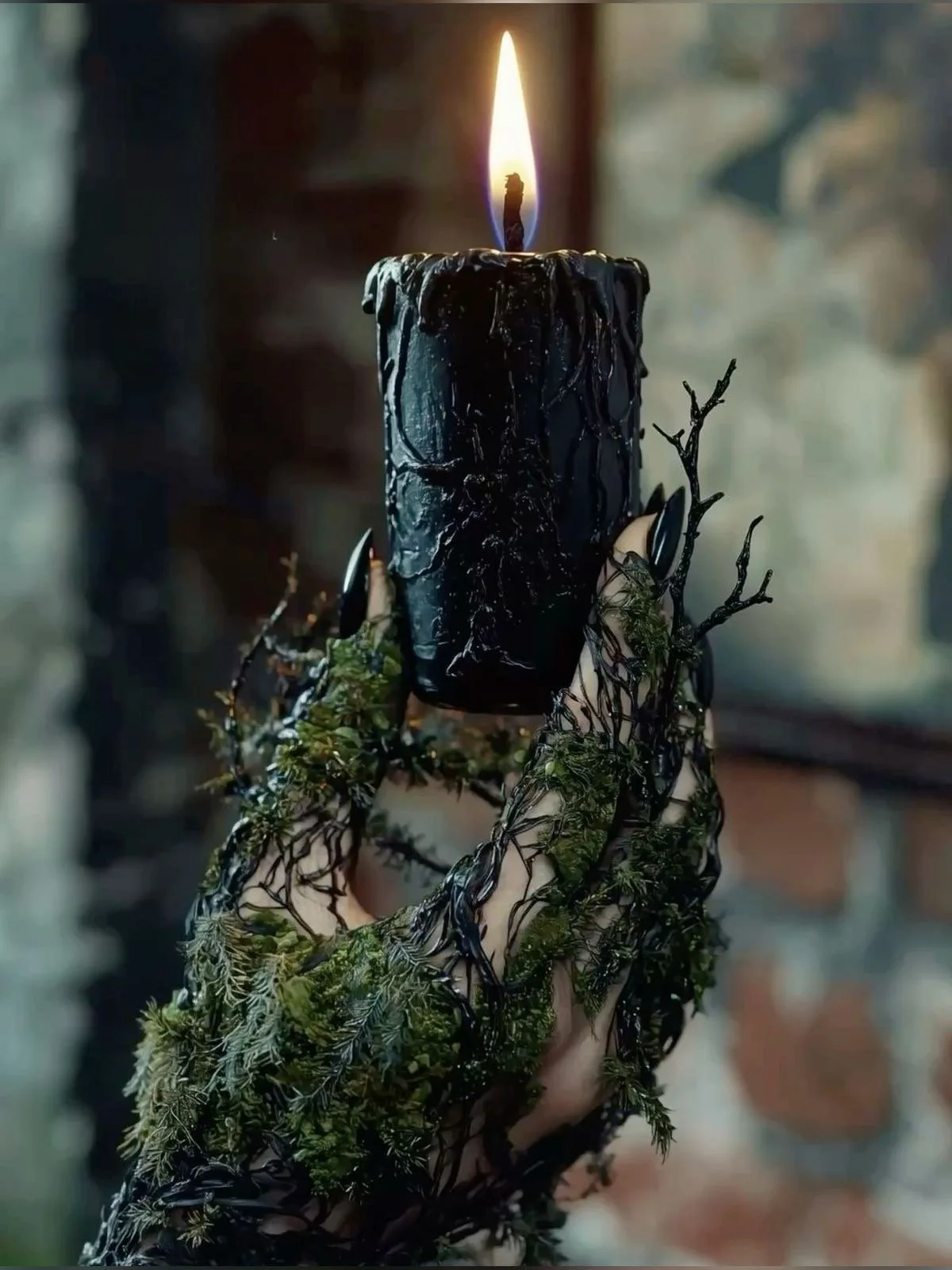 A hand with long black nails holding a tall black candle with melted wax dripping down, surrounded by dark, mossy, branch-like decorations, against a blurred background.