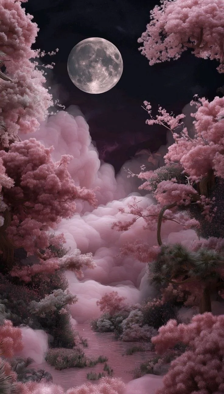 Night scene with pink blossoming trees and clouds surrounding a river, under a full moon in a dark sky.