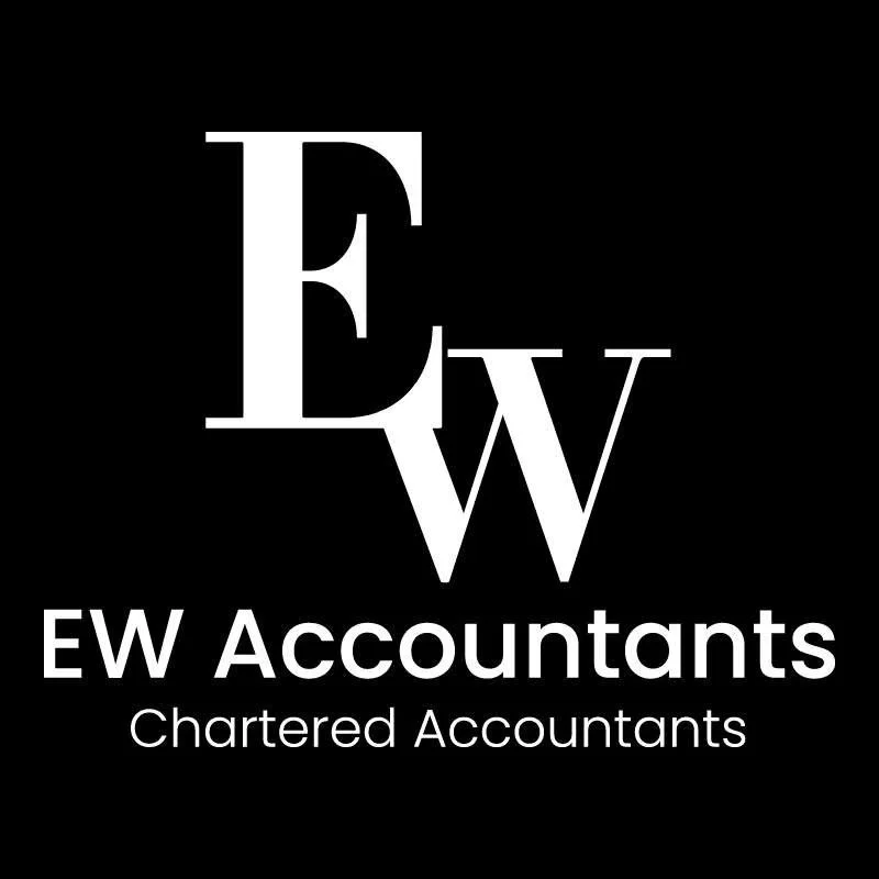 Logo for EW Accountants with large white letters E, W, and W stacked on a black background, and the company name and description below.