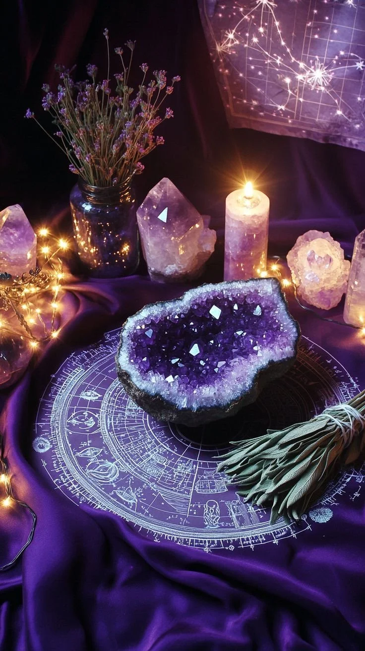 A mystical setup featuring a large purple geode with crystals inside, candles, dried lavender, a jar with dried flowers, glow string lights, and a star chart poster on dark purple fabric.