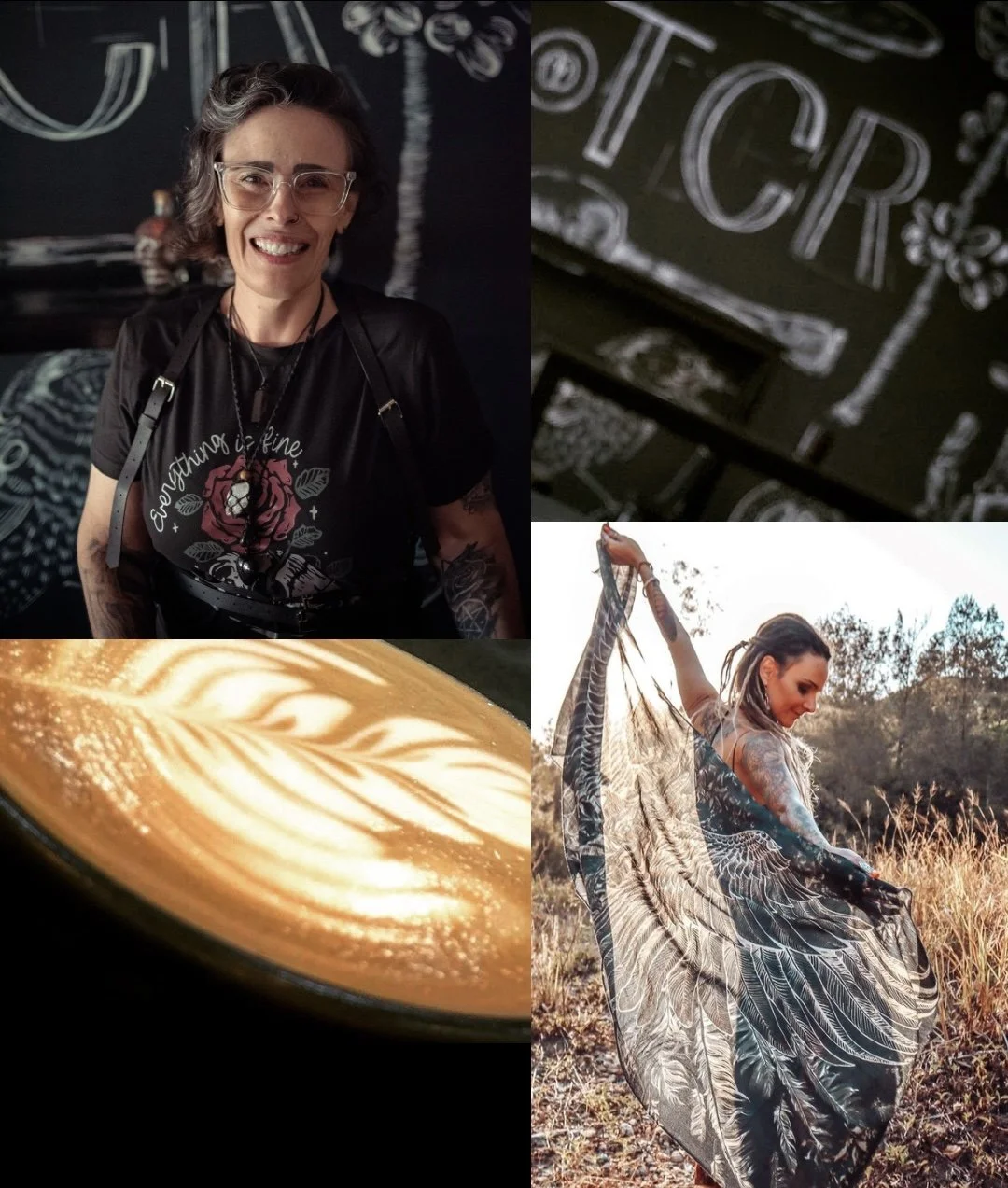 Collage of four images: a smiling woman with glasses and tattoos, a close-up shot of chalkboard art, a latte with latte art, and a woman outdoors holding a patterned fabric in a field.