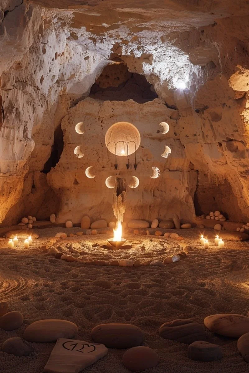 An underground cave with sandy floor, decorated with candles and candle-like lights, featuring a central hanging ornament, moon-shaped cutouts, and a large circular opening at the top letting in natural light.