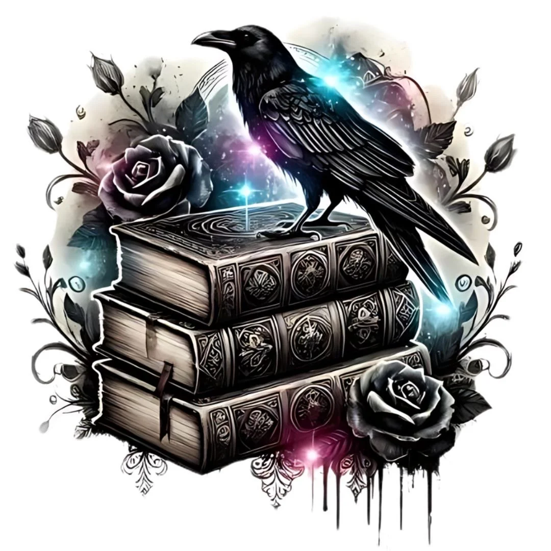 A black crow perched on a stack of three intricately designed antique books, surrounded by black roses and floral decorative elements, with colorful glowing lights and a cosmic background.