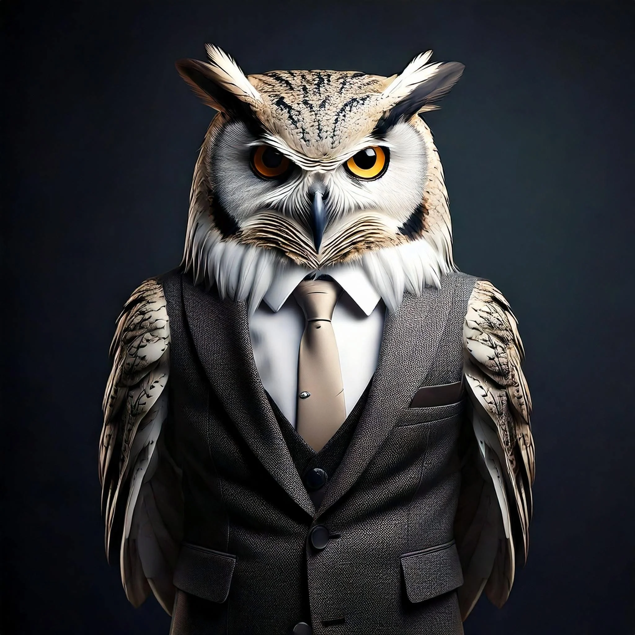 An illustration of an owl with a human body wearing a business suit and tie, set against a dark background.