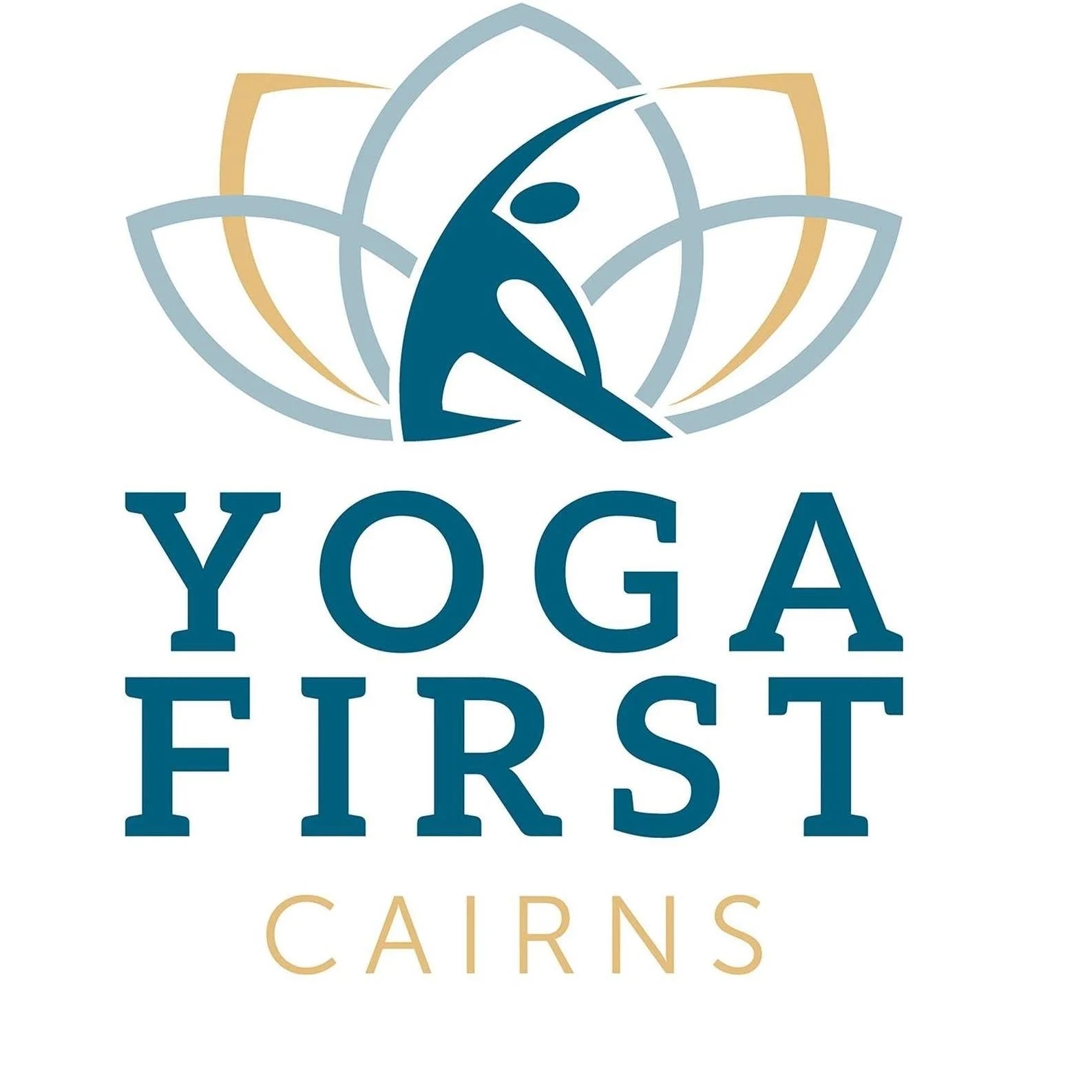 Logo for Yoga First Cairns featuring a stylized figure in a yoga pose inside a lotus flower design, with the text 'YOGA FIRST CAIRNS' beneath it.