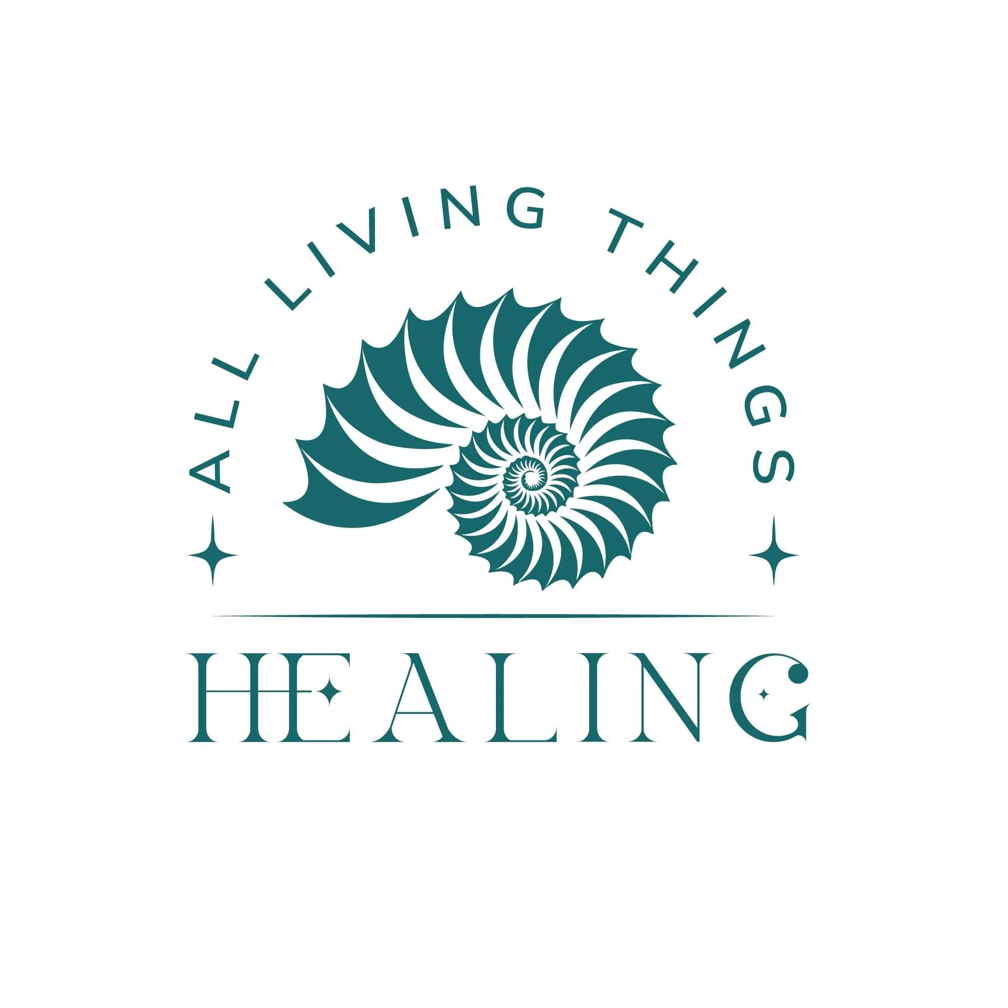 Logo with a spiral seashell design above the text 'All Living Things' and the word 'Healing' below.