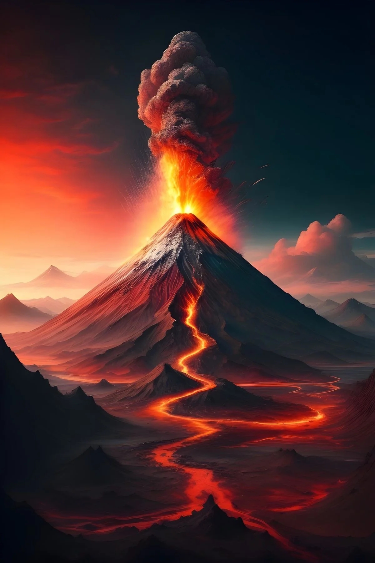 A fantastical tree with glowing, fiery orange and red leaves, and trunk with flowing lava-like roots, in a dark forest with mist and blue shadows.