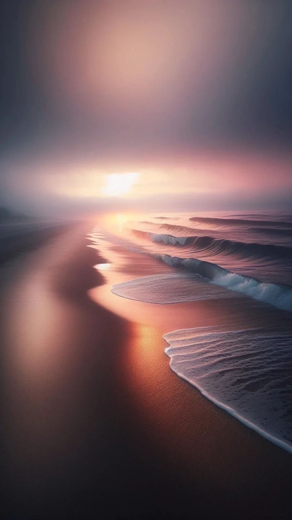 Sunset over a calm beach with pink and purple sky reflected on water and sand