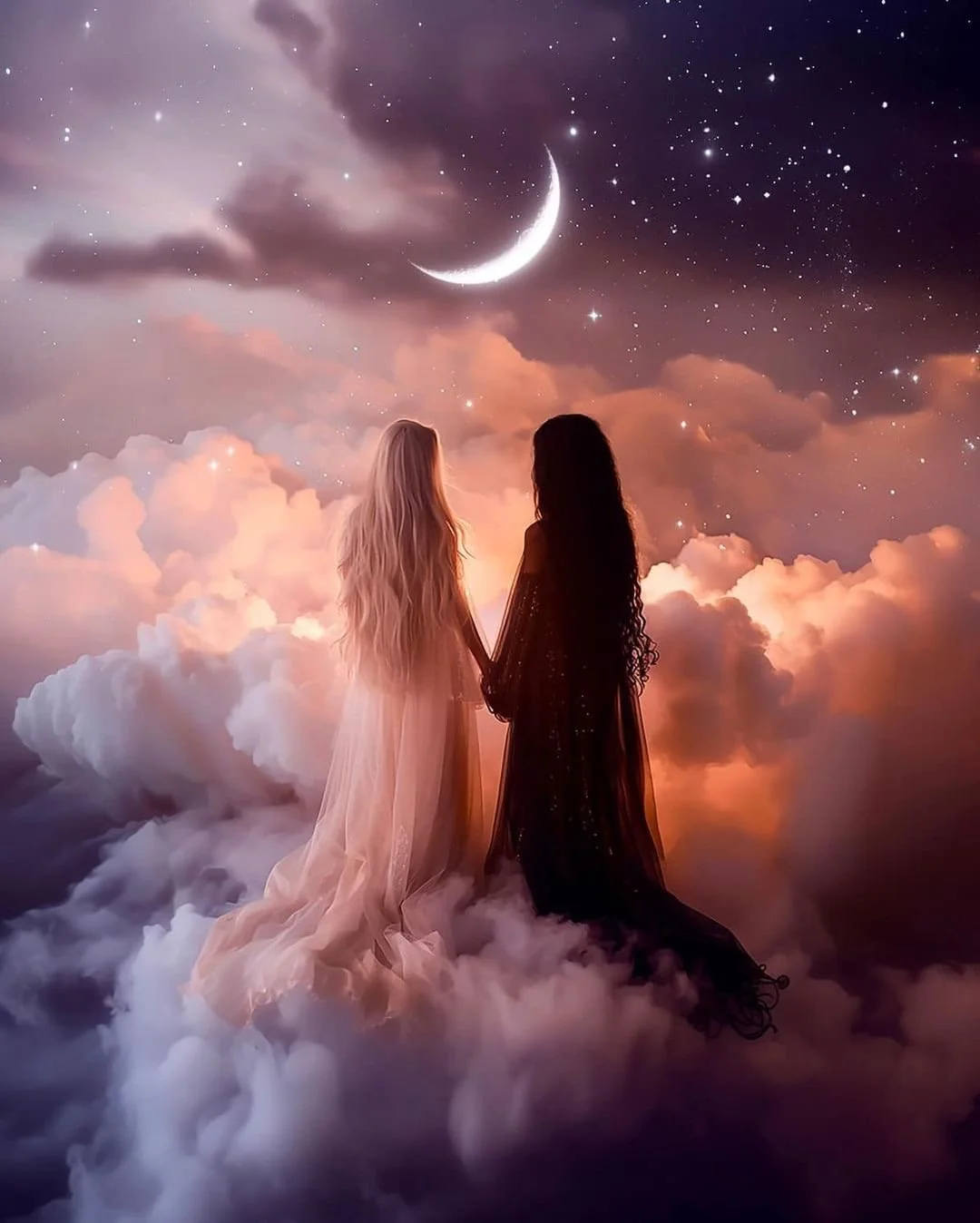 Two women in flowing dresses holding hands and looking at a starry night sky with a crescent moon, clouds, and stars, above clouds.