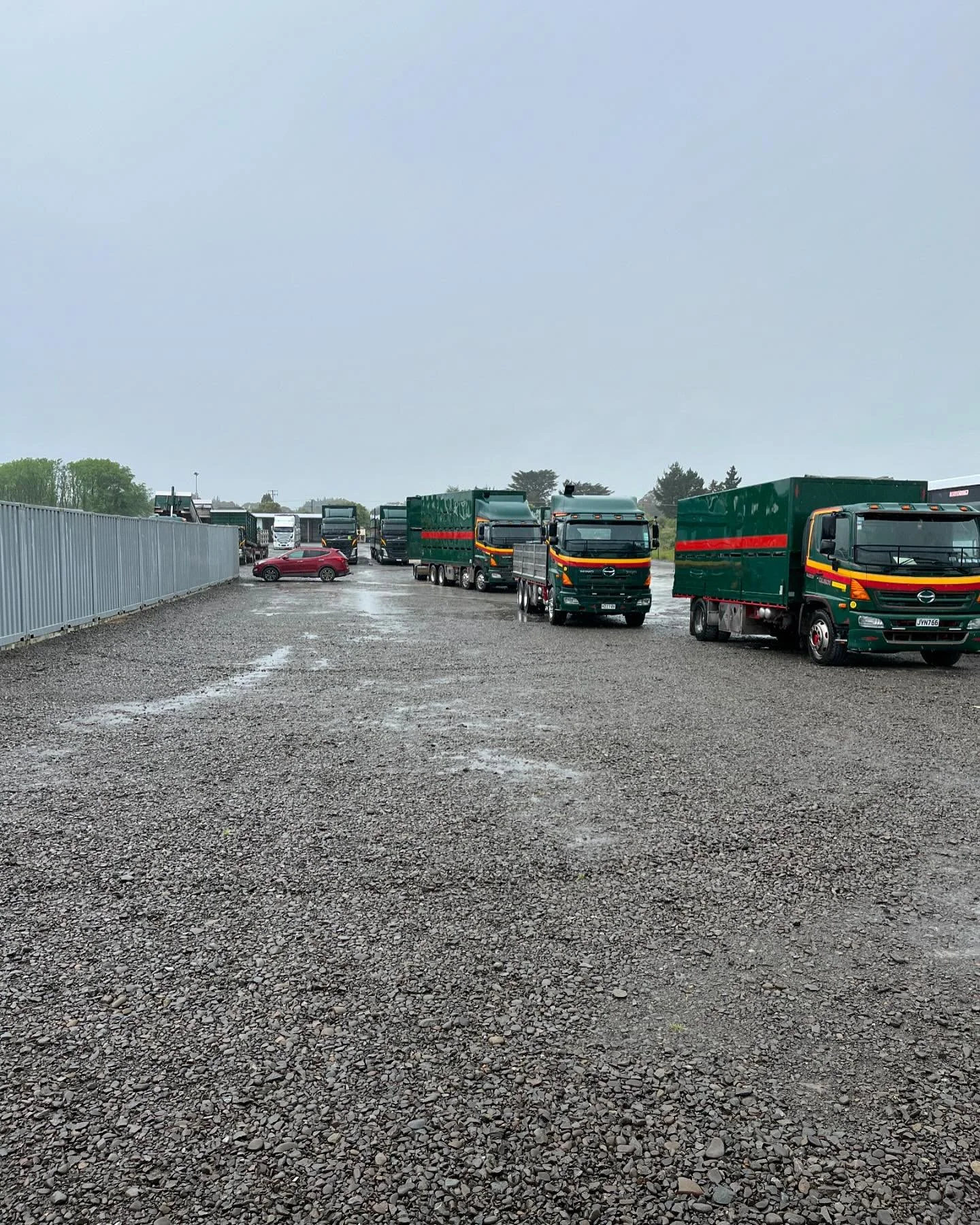 Hinos lined up on a wet old spring morning