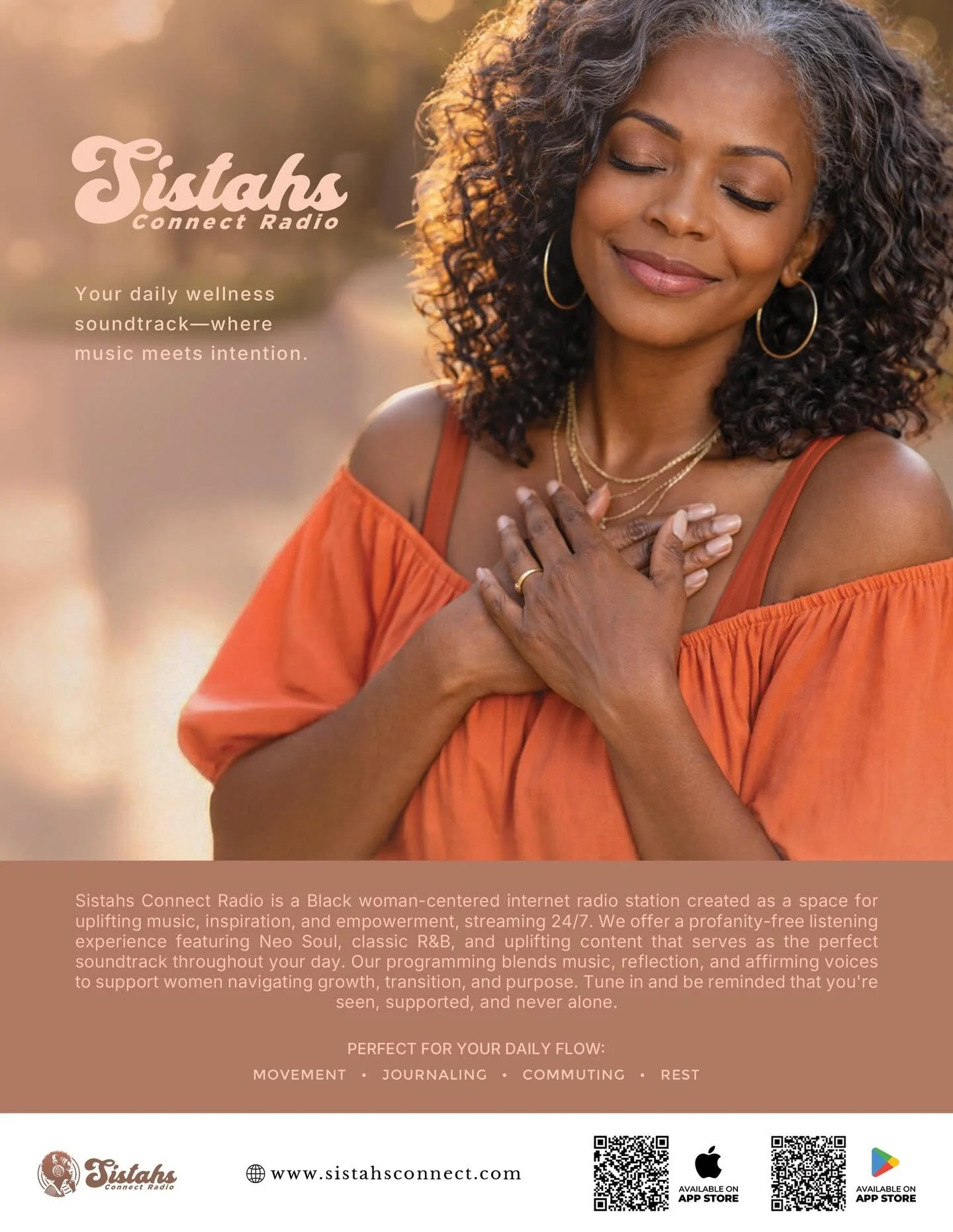 Sistahs Connect Radio is a Black woman-centered internet radio station streaming 24/7&mdash;created as a space for uplifting music, inspiration, and empowerment.

We blend Neo Soul, classic R&amp;B, reflection, and affirming voices to support you thr