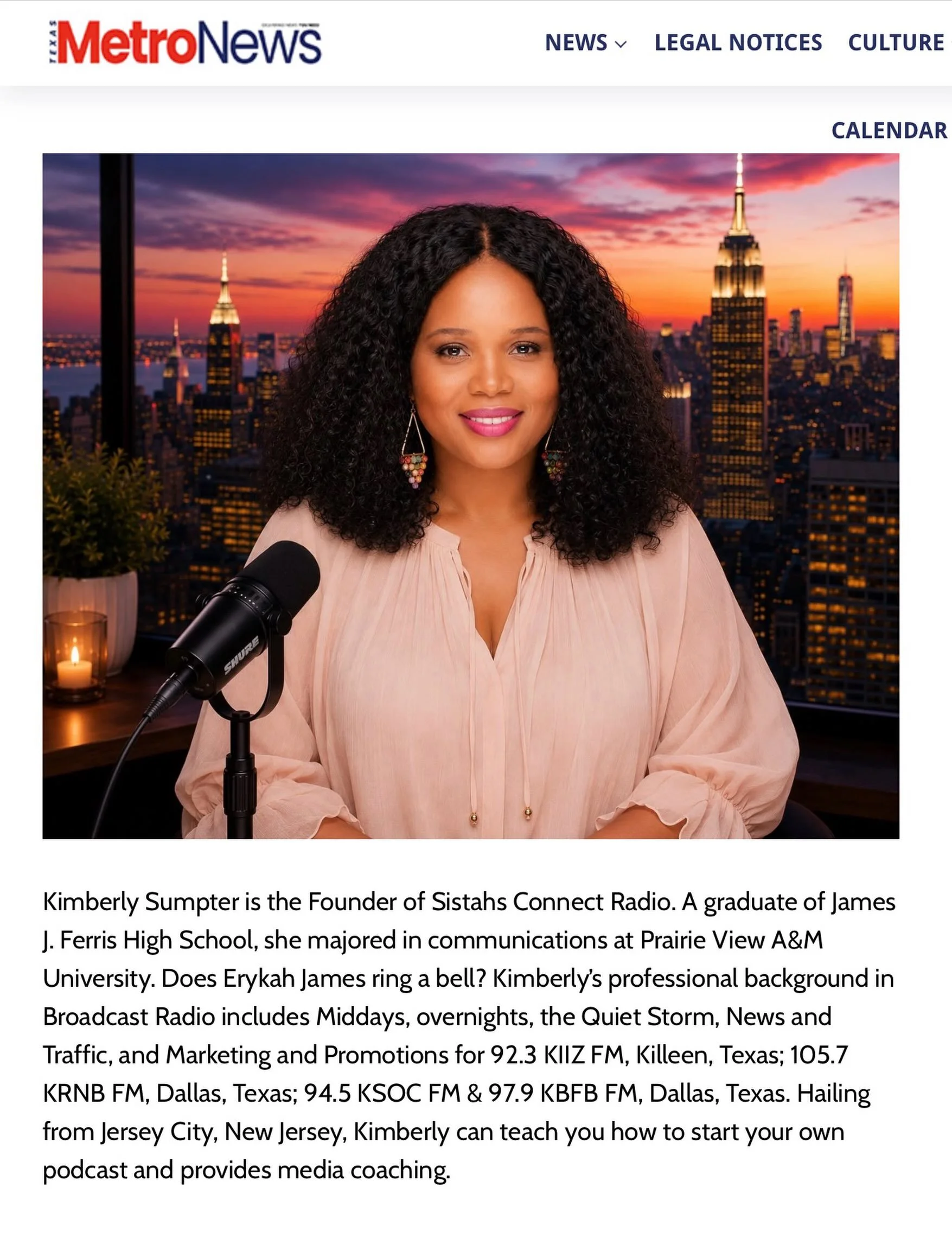 I&rsquo;m truly grateful to Texas Metro News for highlighting my work in broadcasting, podcasting, and media.

Texas played such an important role in shaping my career, so this recognition feels especially meaningful. Thank you for the thoughtful spo