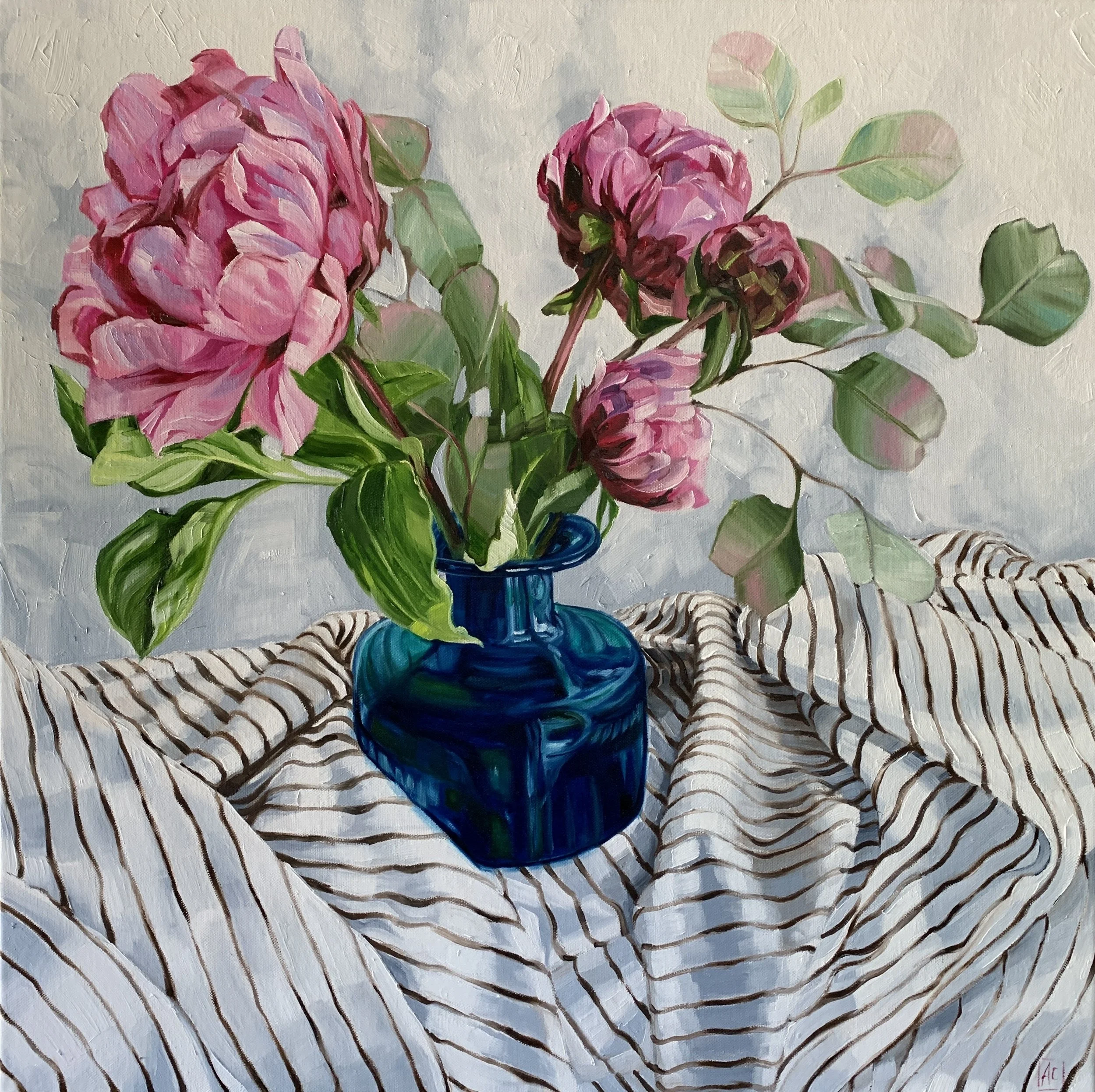 Peonies, French Ticking and Gum Leaves