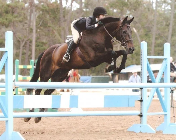 Young equestrian riding a brown horse over a show jumping obstacle at an outdoor competition.