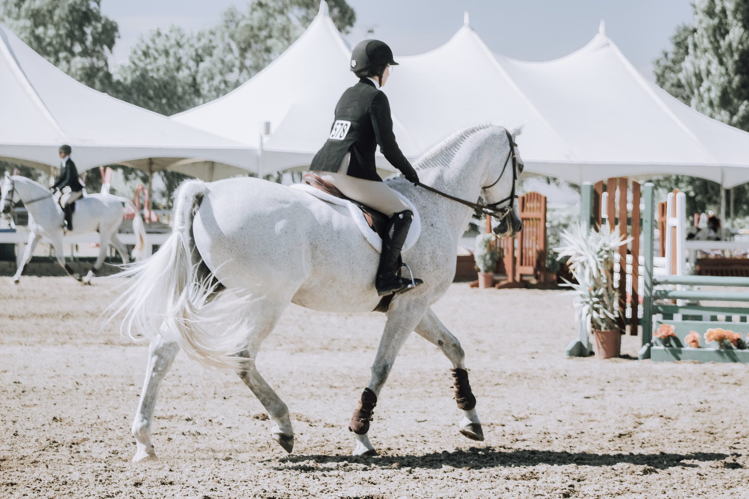 A female equestrian rider on a white horse during a show jumping competition, with other riders and tents in the background.