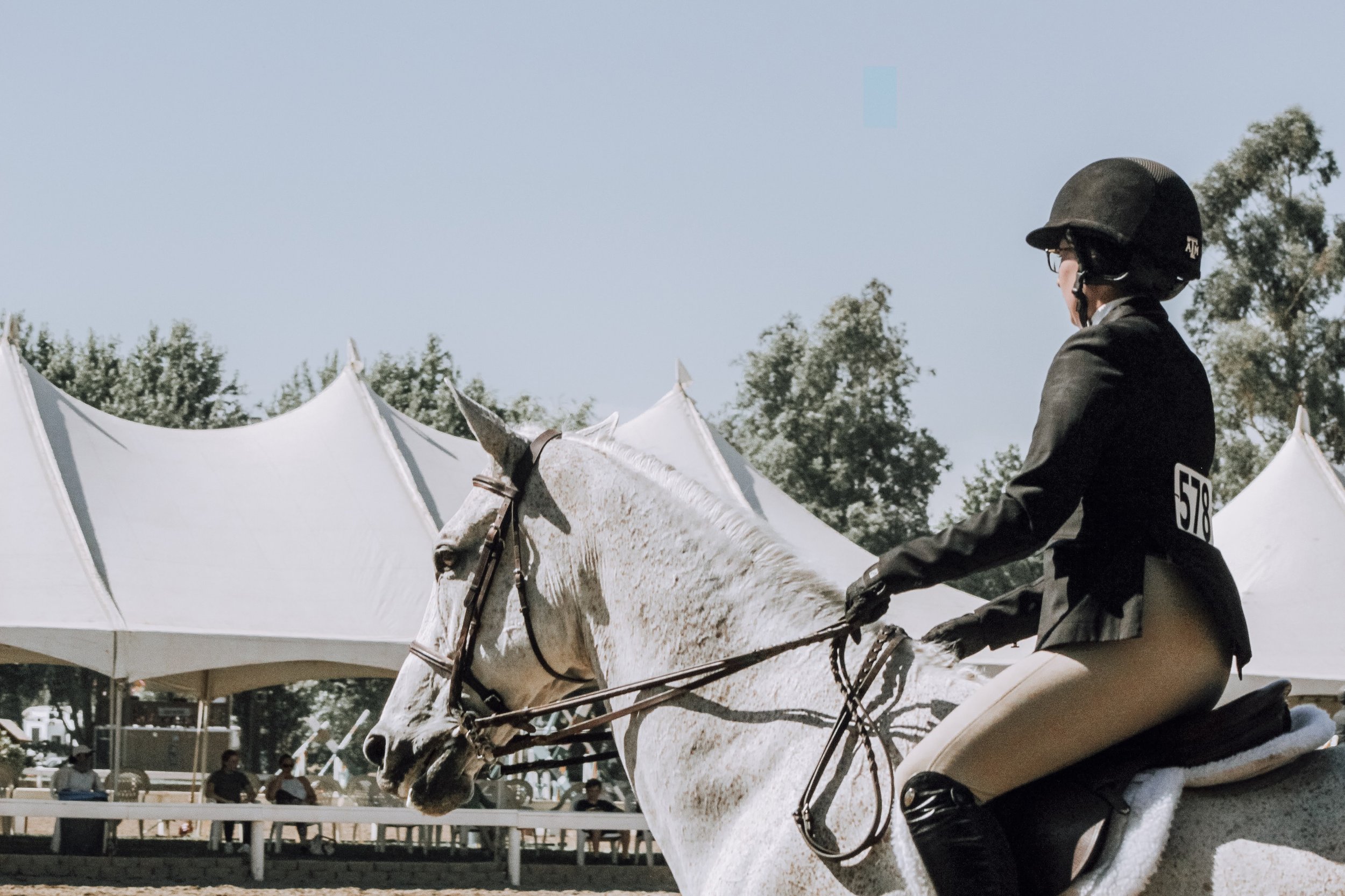A rider dressed in competition attire with a helmet, riding a white horse during an equestrian event, with white tents and trees in the background.