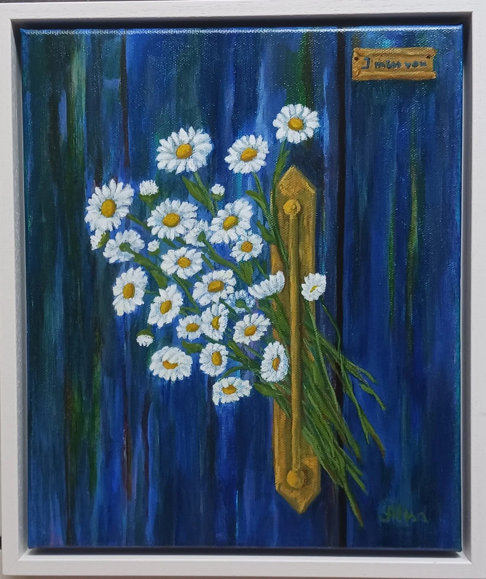 "Daisies", acrylic on canvas, 2026, 25,5 x 30,5 cm, framed. Sale 240 euro.