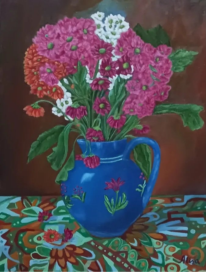 "Flowers on tablecloth", still life, oil on canvas, 35x45 cm, 2025. Unframed. Price 450 euro.