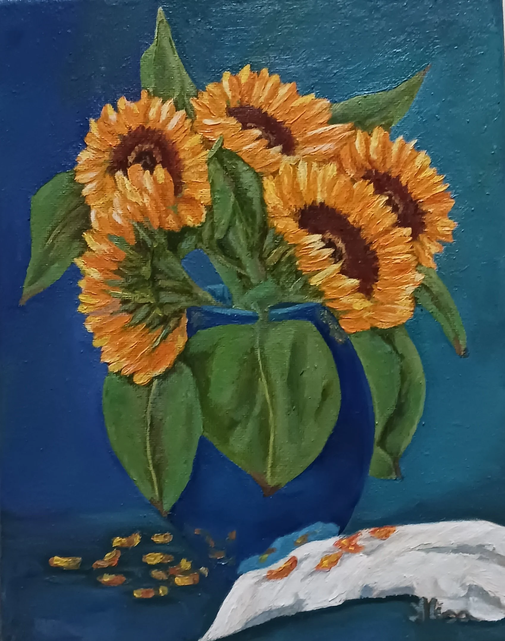 Sunflower, oil on canvas, 20 x 25 cm, still life. For sale 150 euro.