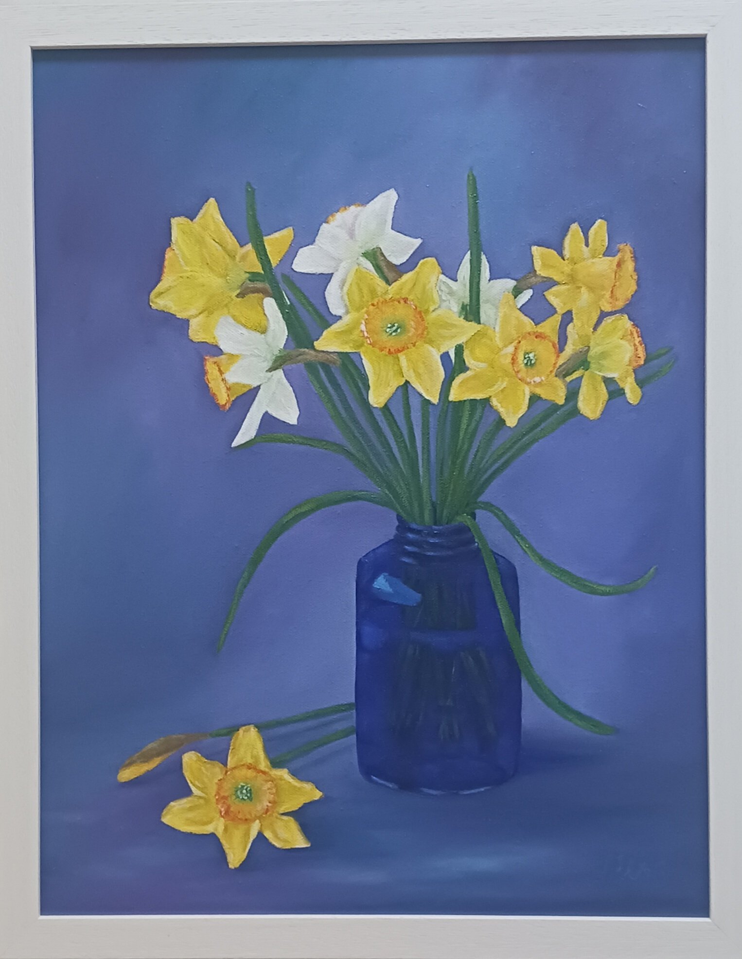 Daffodils, oil on canvas, 35x45 cm, still life, 2026. Framed. Price 360 euro.