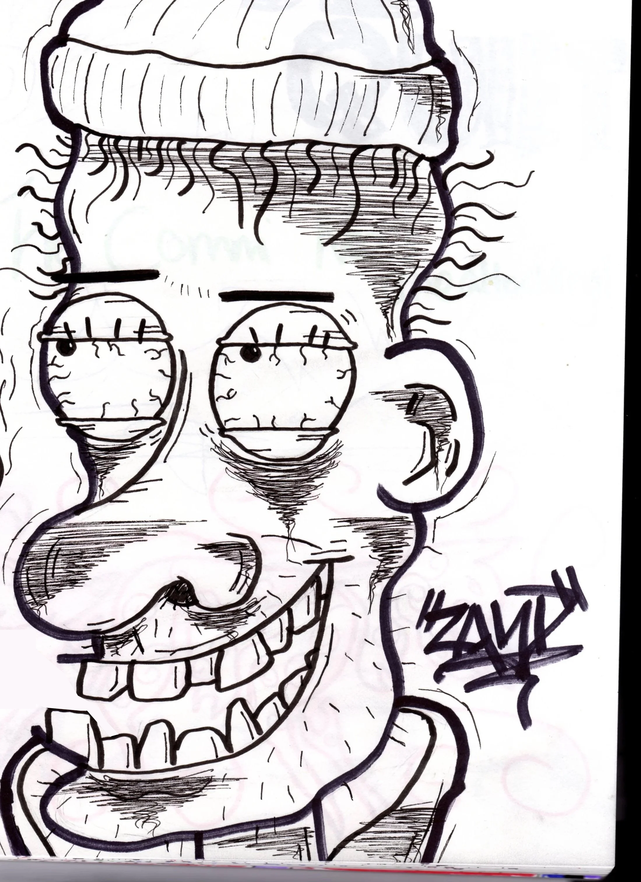 Black and white sketch of a person with glasses, a hat, and a pencil in their mouth, with exaggerated facial features and wavy hair