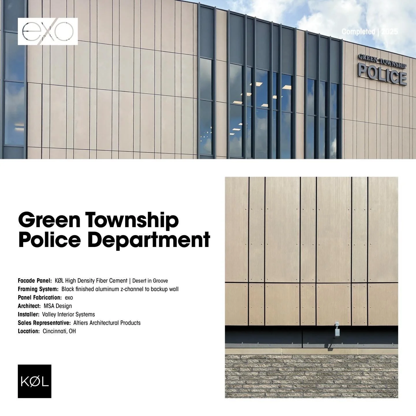Repost from @exosurfaces
&bull;
Designed by MSA Design, the new Green Township Police Department in #Cincinnati, OH features 6,500 sq. ft. of KOL High Density #FiberCement panels in Desert in Groove finish.
Installed by Valley Interior Systems and fa