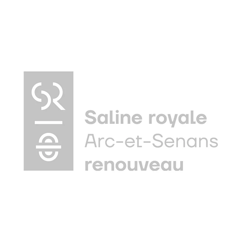 Carte postale ou panneau indiquant Saline royale, Arc-et-Senans, avec des symboles abstraits en gris.
