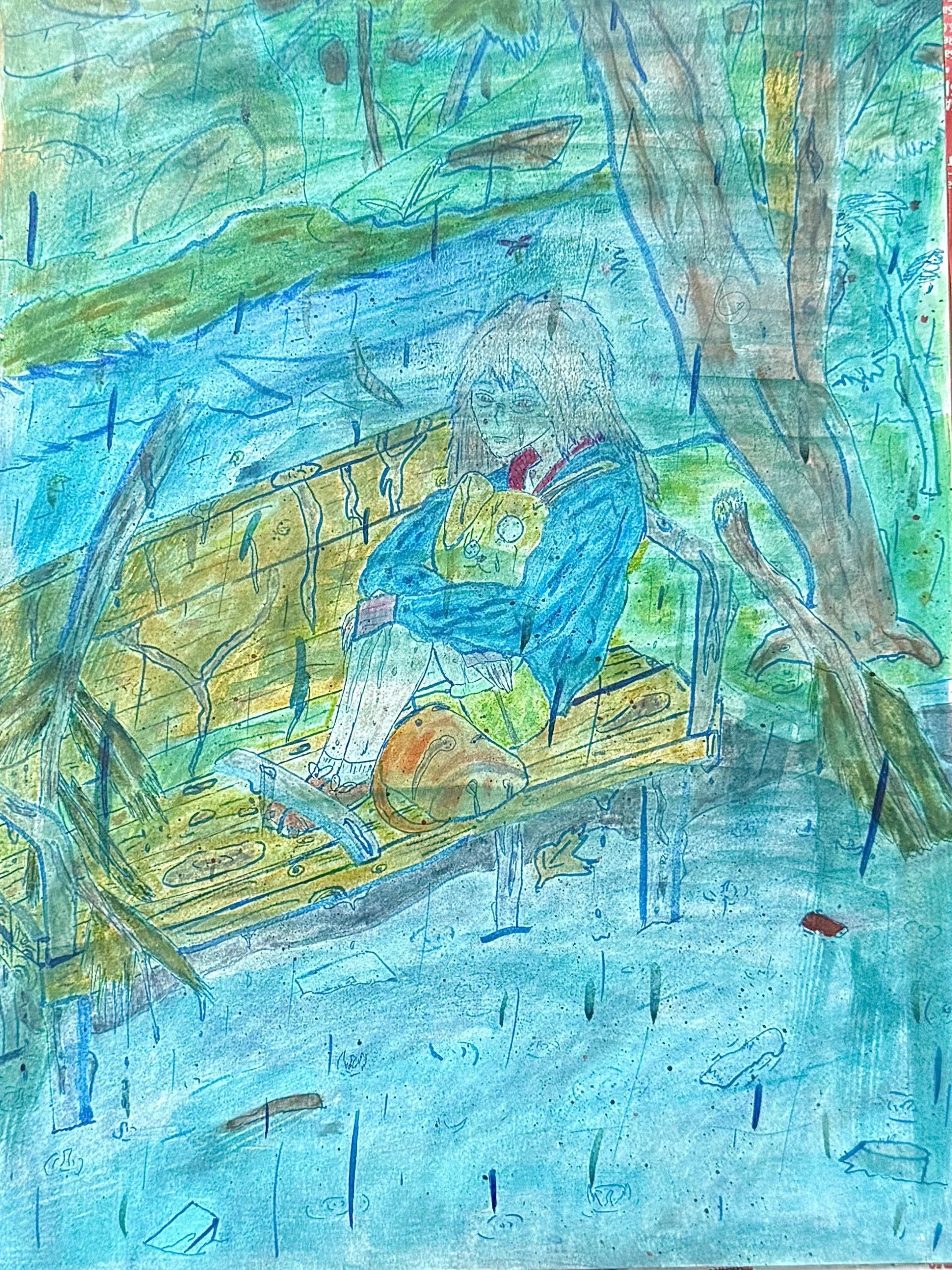 ink and watercolour drawing of a person sitting on a bench with their feet up and their arms wrapped around themselves.