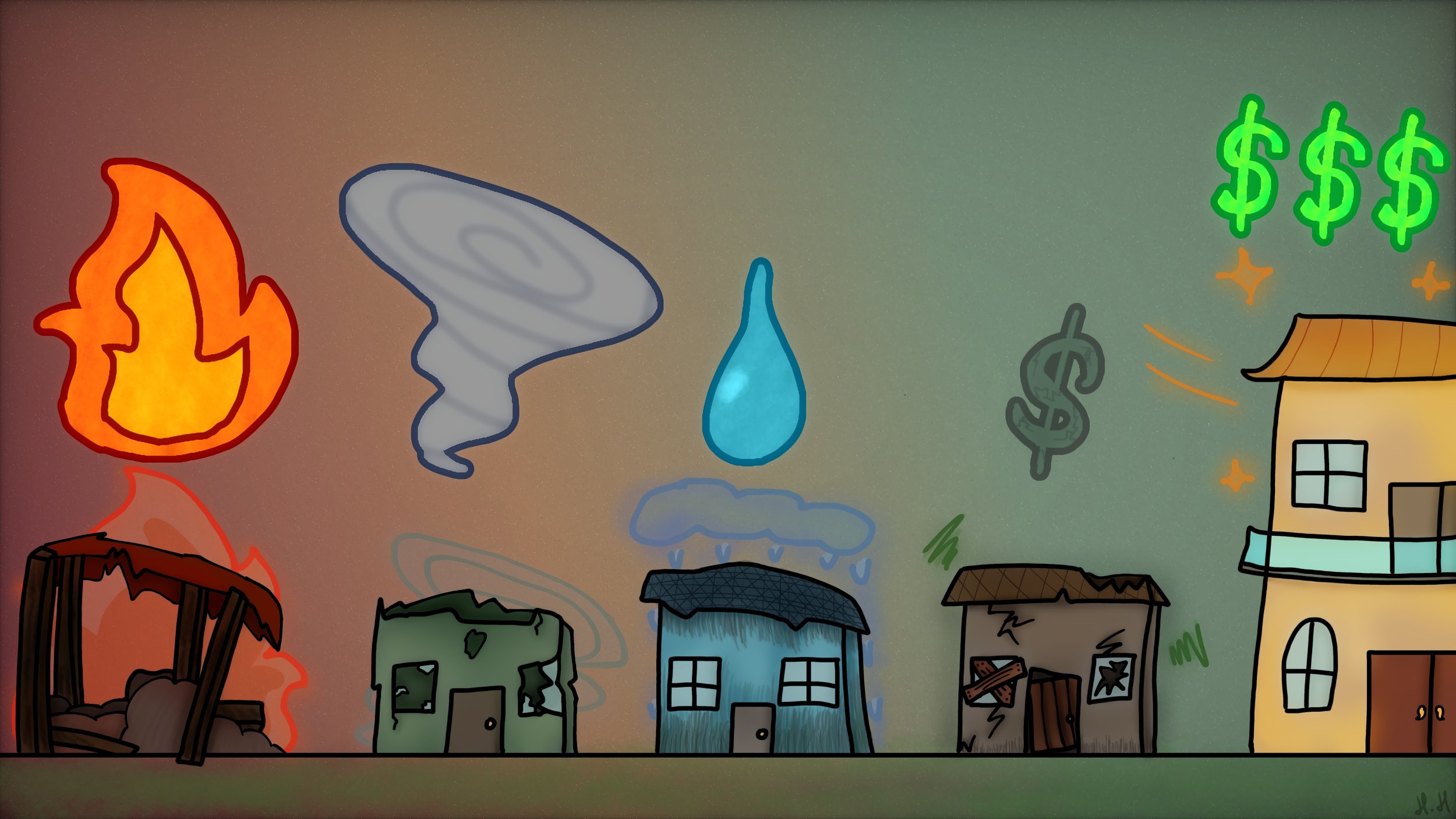 Digital art showing five homes, above them from left are fire, tornado, water, a single dollar sign and a triple dollar sign. 