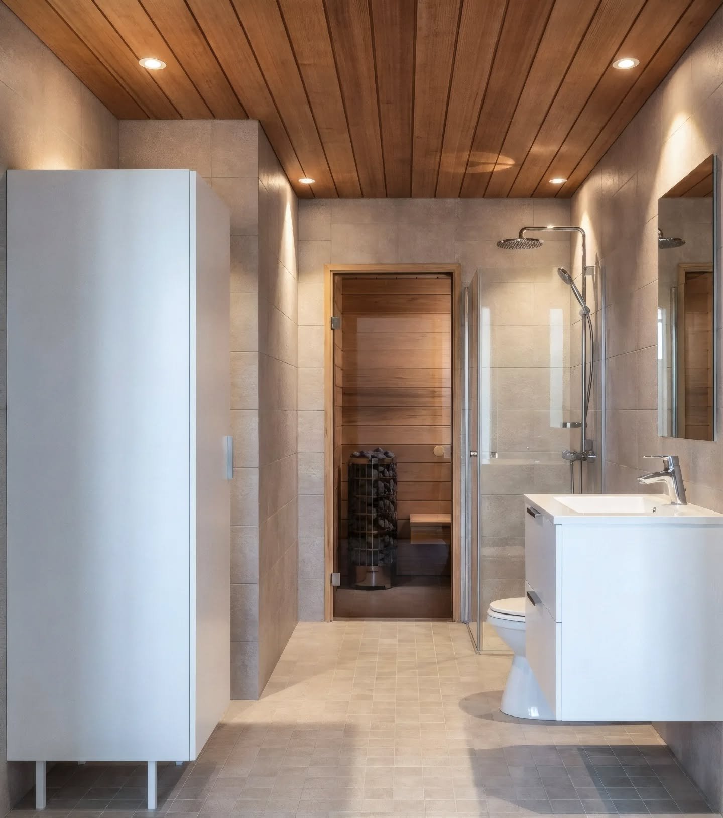 A balanced upgrade.

The bathroom and sauna shouldn&rsquo;t just be functional rooms&mdash;they should be a daily reset button. In this renovation concept, we focused on bringing a calm, spa-like atmosphere to a classic townhouse layout.

By pairing 