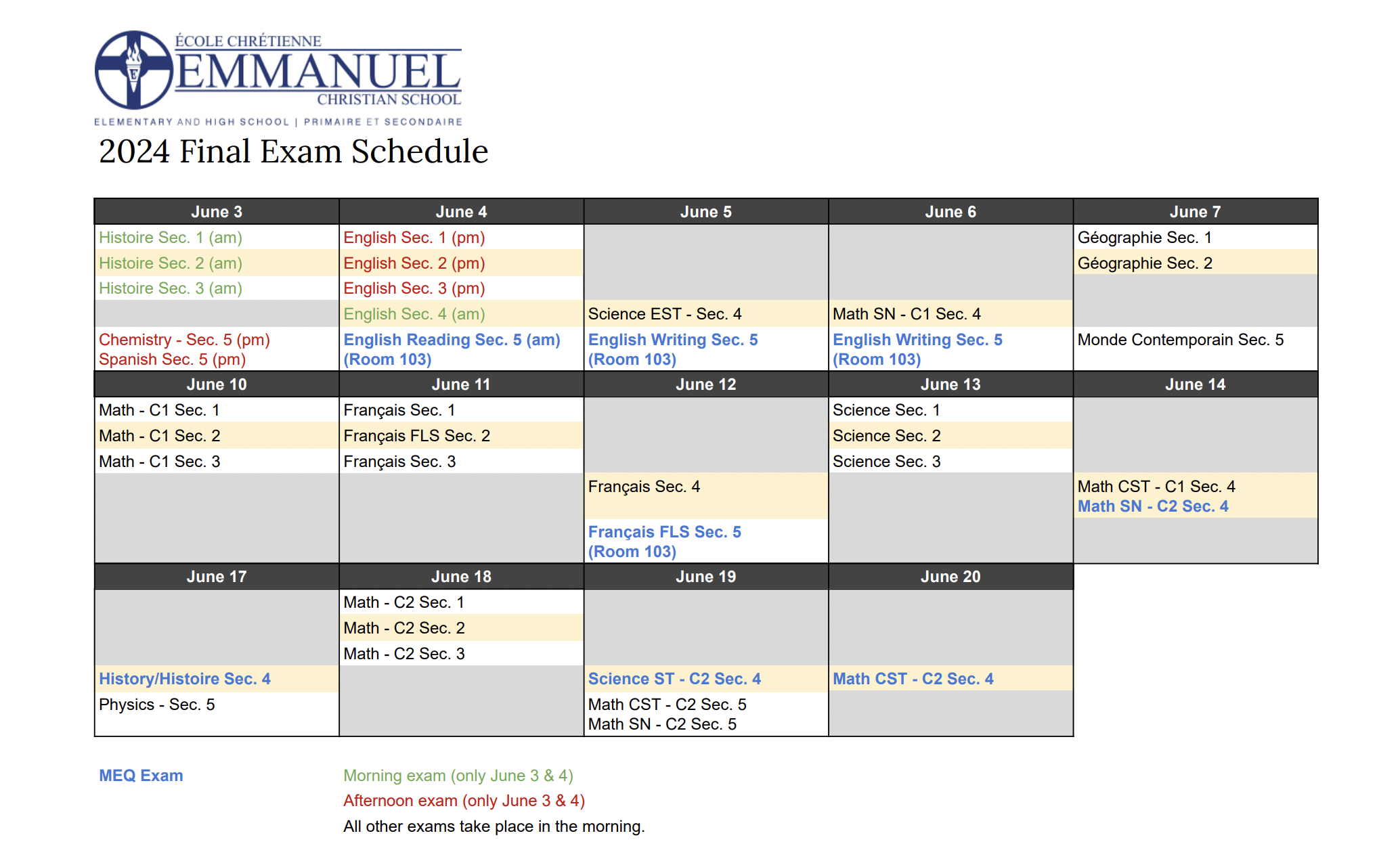 EMCS 2024 Final Exam Schedule — Emmanuel Christian Private School