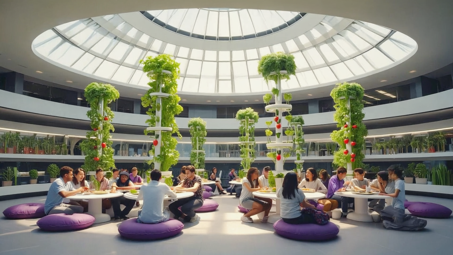 Gen4 In a futuristic circular cafeteria inside a 3D printed dome with a skylight, a group o 30581492.png