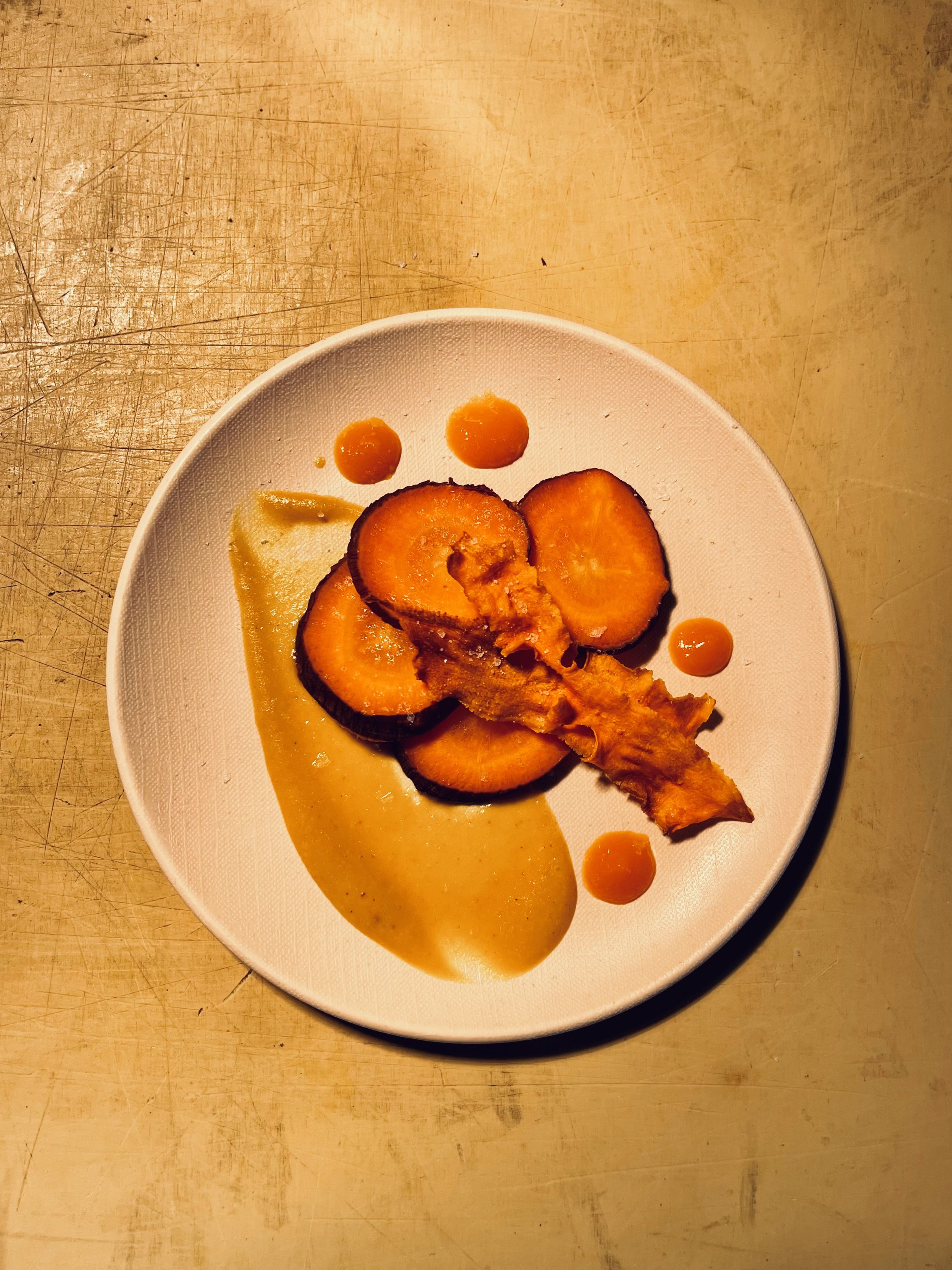 Smoked Carrot, Carrot Chips, Vegan BBQ Sauce, and Carrot Puree