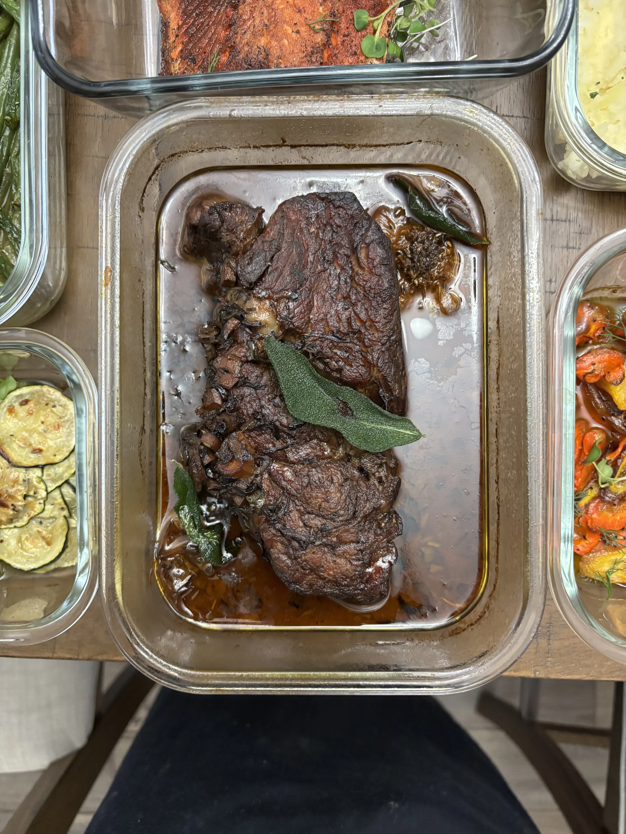 Lay out of week 4's culinary retainer. Featuring Red wine braised beef yet again.
