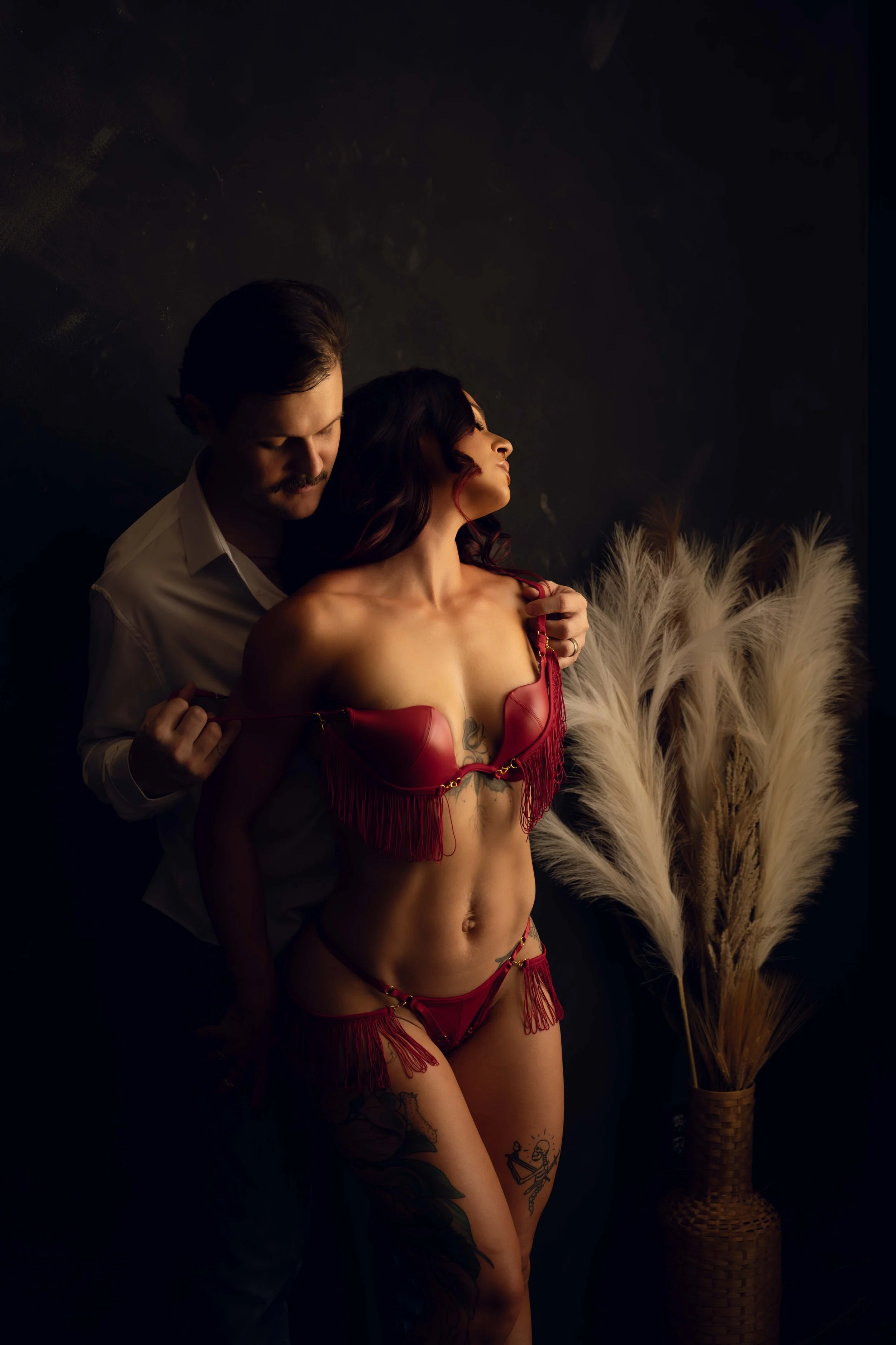 Sensual Houston couples boudoir red lingerie