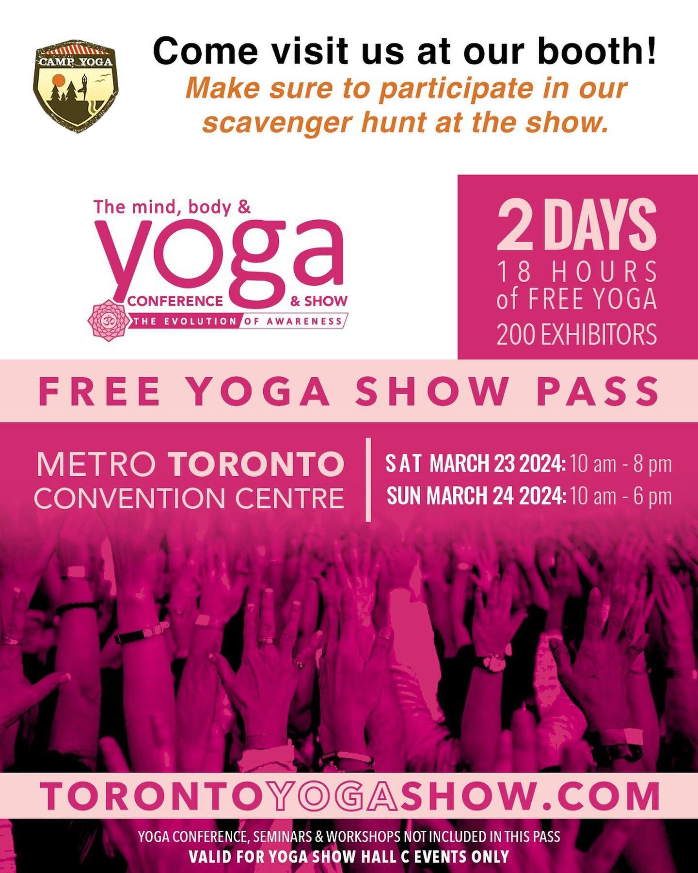 Join us at the Yoga Conference Show in Toronto this weekend, March 23-24, at the Metro Toronto Convention Centre! 🧘&zwj;♂️ Stop by our booth for a chance to participate in our exciting scavenger hunt and discover the bliss of Camp Yoga Ontario. See 
